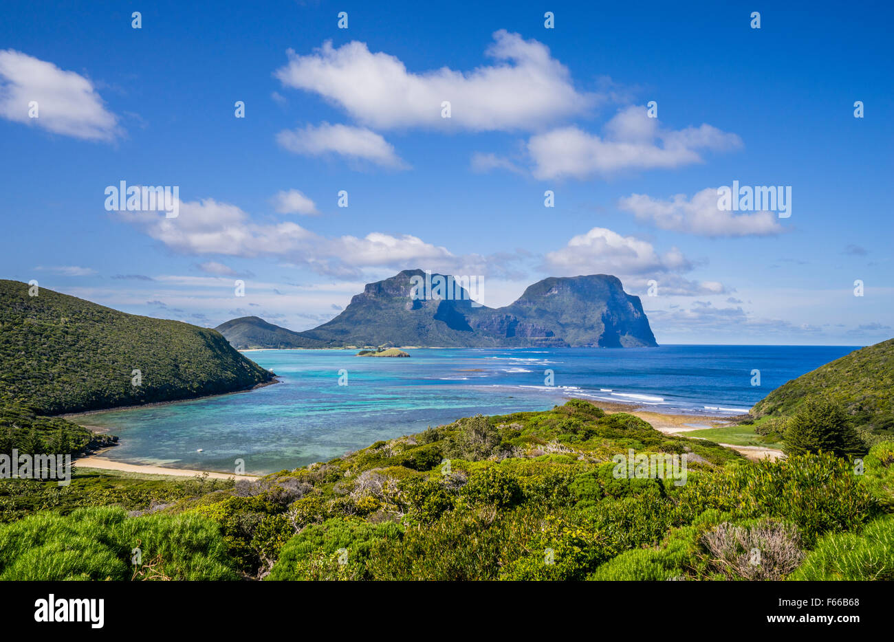 Lord Howe Island, view of North Bay from Mount Eliza with the prominent Mount Lidgbird and Mount