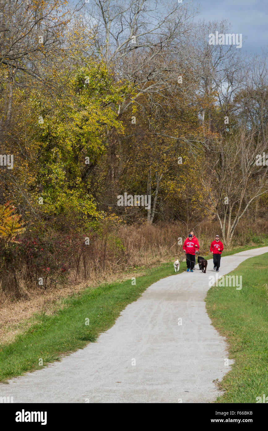 Cuyahoga Valley National Park, Ohio - Dog walkers on the Ohio & Erie Canal Towpath Trail. Stock Photo