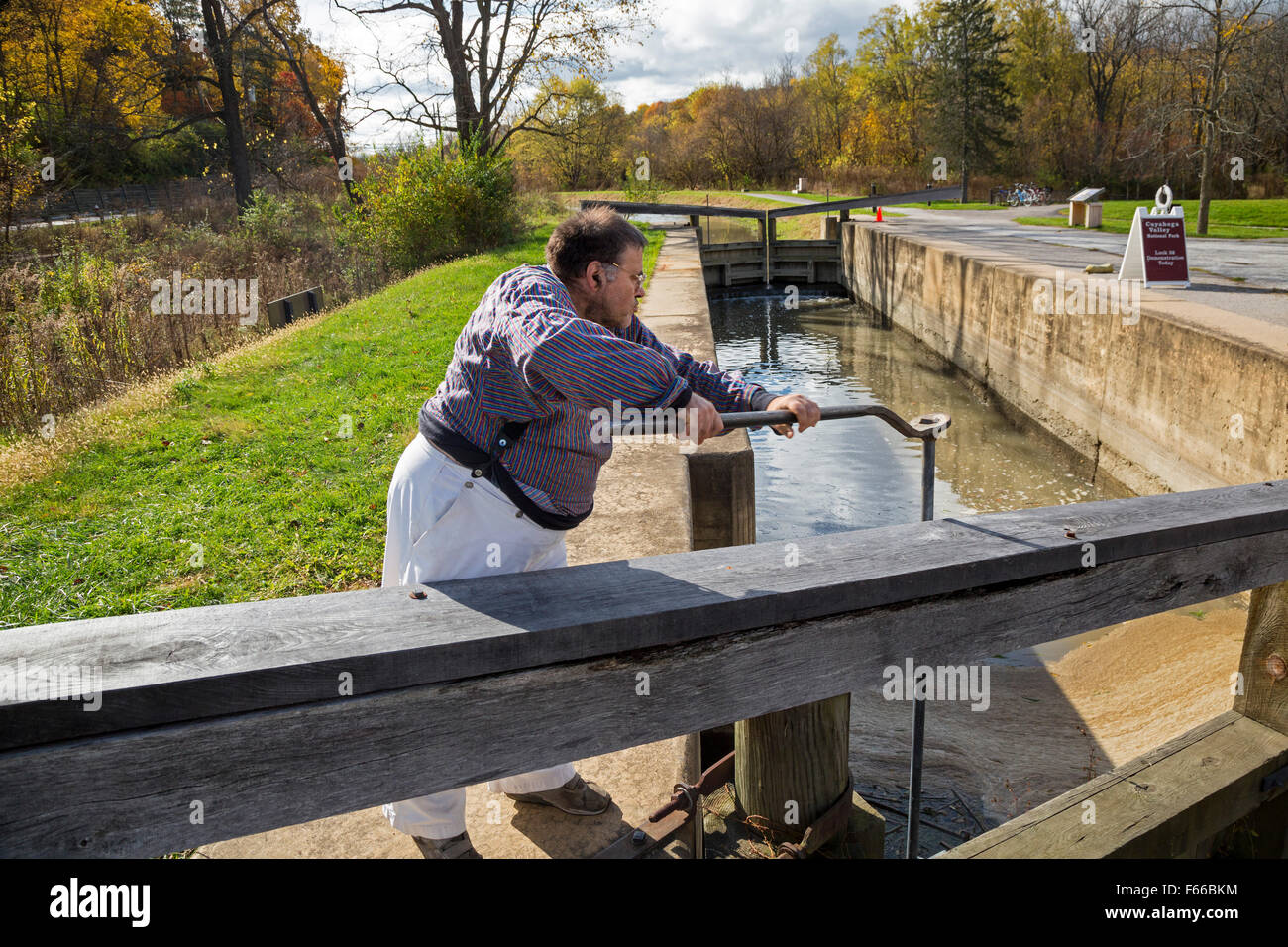 Cuyahoga Valley National Park, Ohio - A park volunteer demonstrates opening a wicket to let water out of a canal lock. Stock Photo