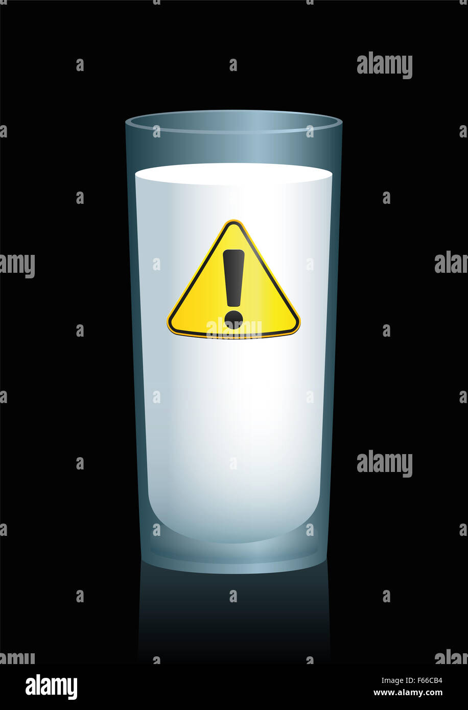 Milk in a glass with a hazard sign on it, as a symbol for unhealthy drink, food or nutrition. Illustration on black background. Stock Photo