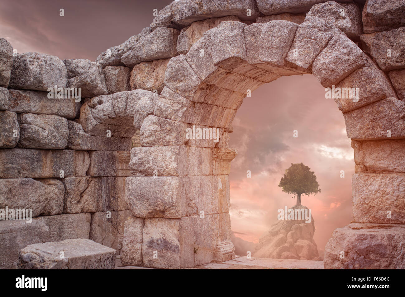 Fantasy Medieval temple and lonely tree Stock Photo