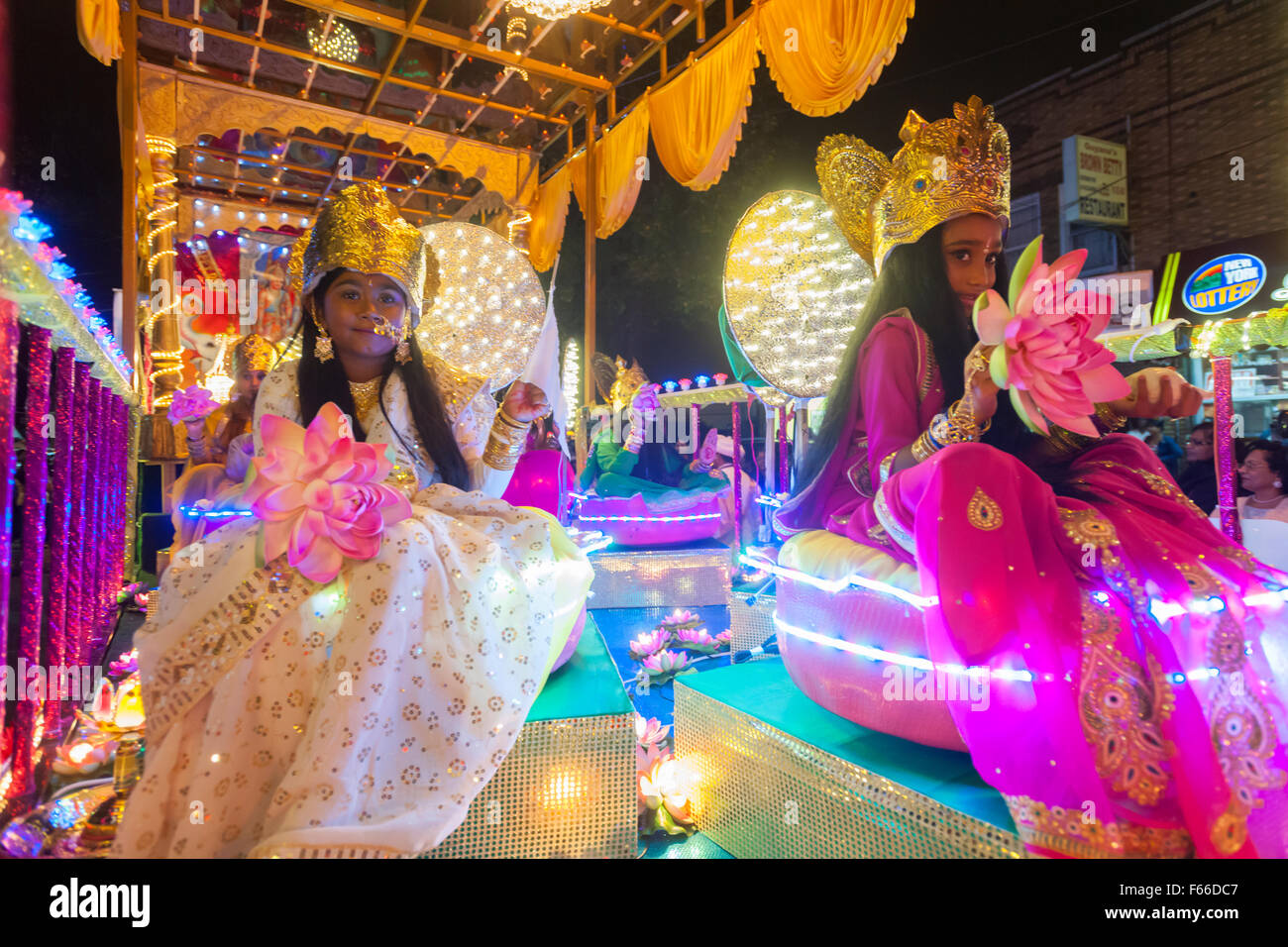 Cars and floats festooned with lights parade down Liberty Avenue in the Richmond Hill neighborhood of Queens in New York in celebration of the Guyanese Hindu festival of lights, Diwali   on Saturday, November 7, 2015.  The neighborhood of Richmond Hill is a polyglot of ethnic cultures and home to one of the largest populations in the Guyanese Hindu diaspora. (© Richard B. Levine) Stock Photo