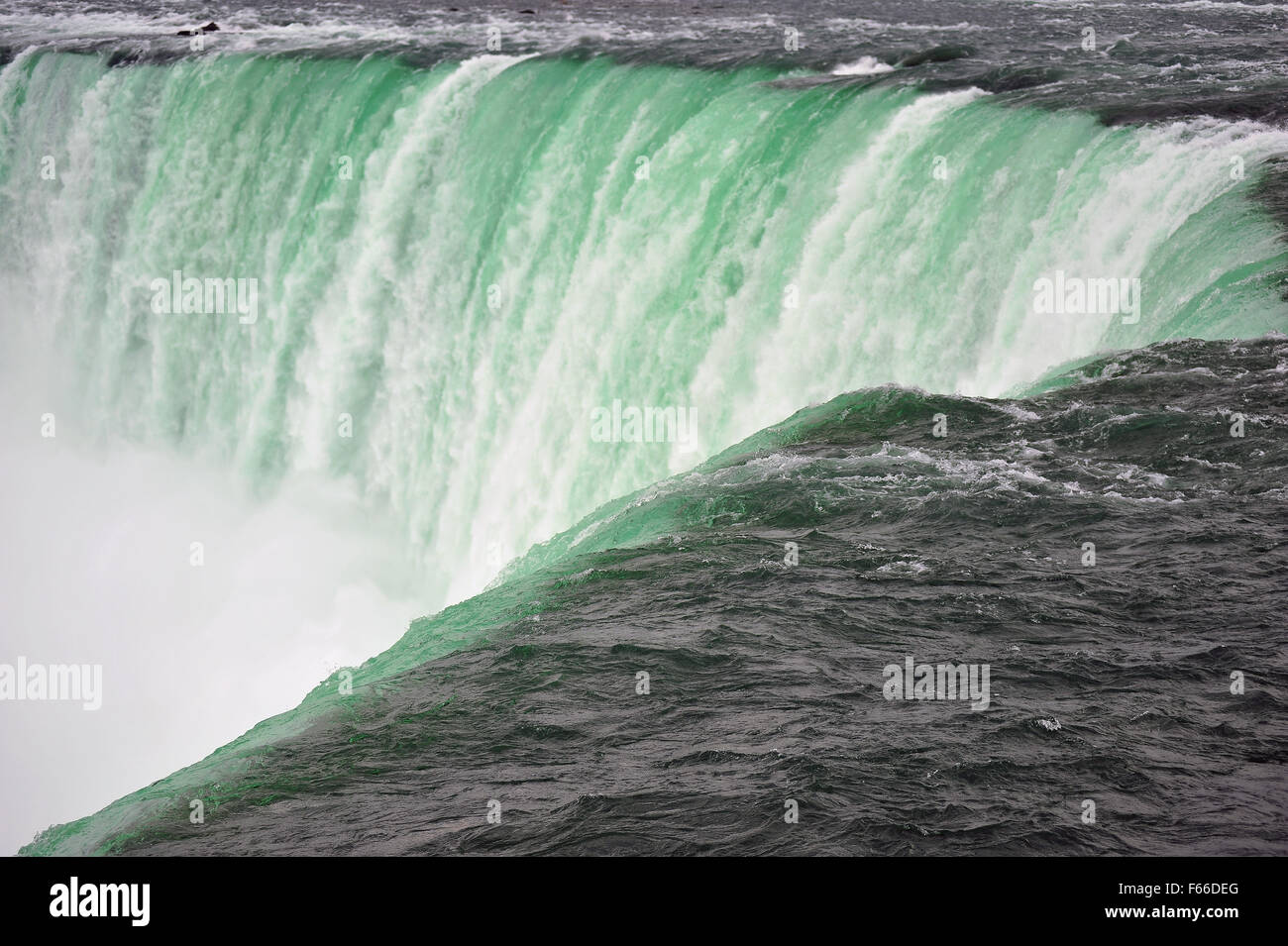 At the edge of the Horseshoe falls on the Canadian side of the Niagara Falls in Ontario. Stock Photo
