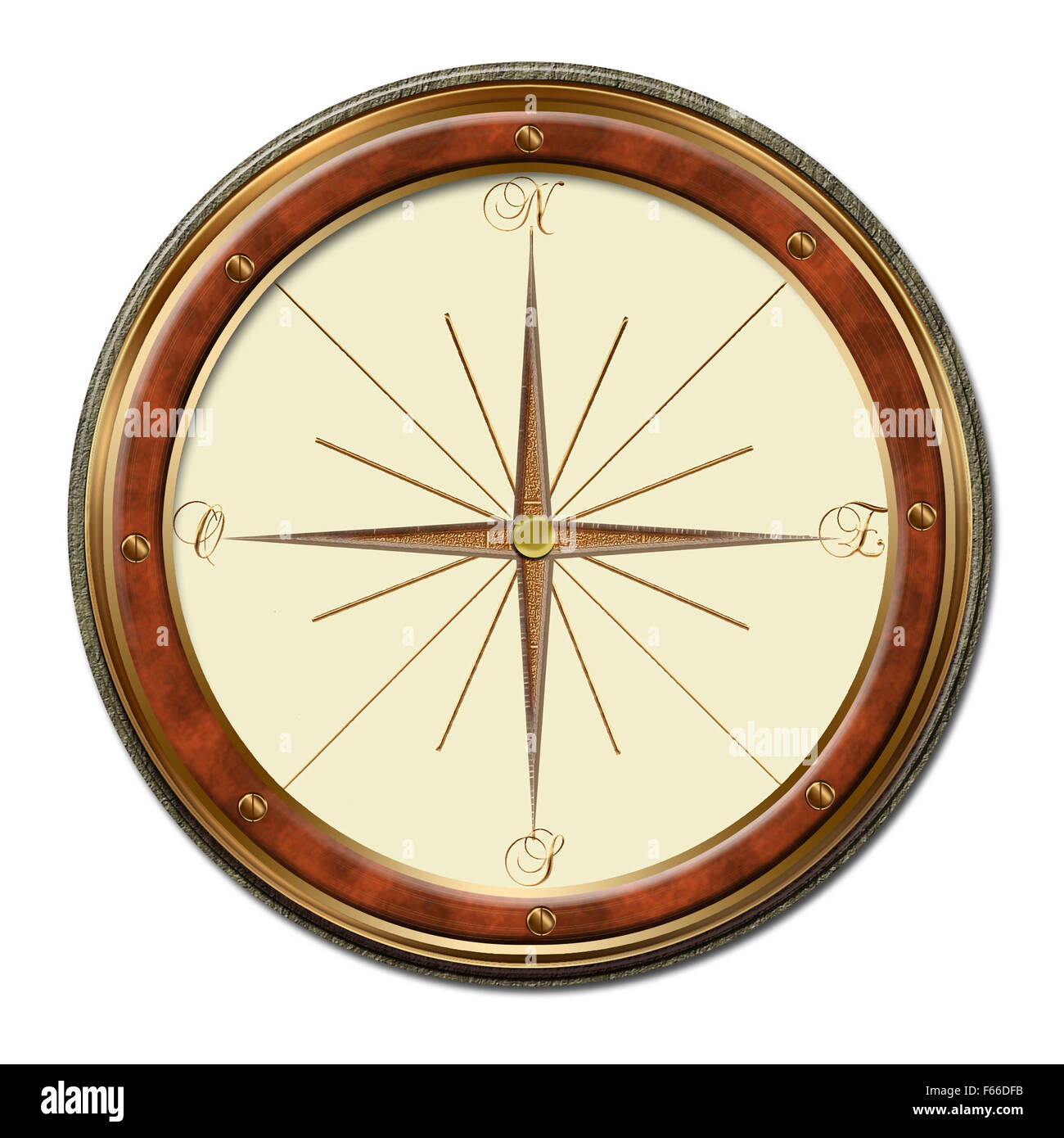 a digitaly made compass, with a wooden and copper rim on a white background Stock Photo