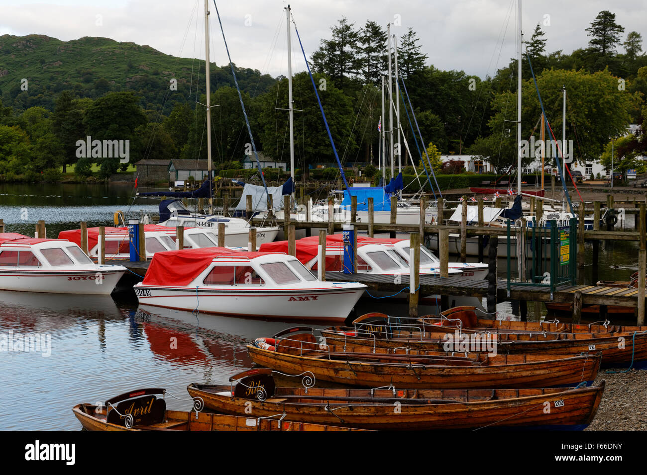 Rowing Boats and Motor Boats at Waterhead Lake Windermere Stock Photo