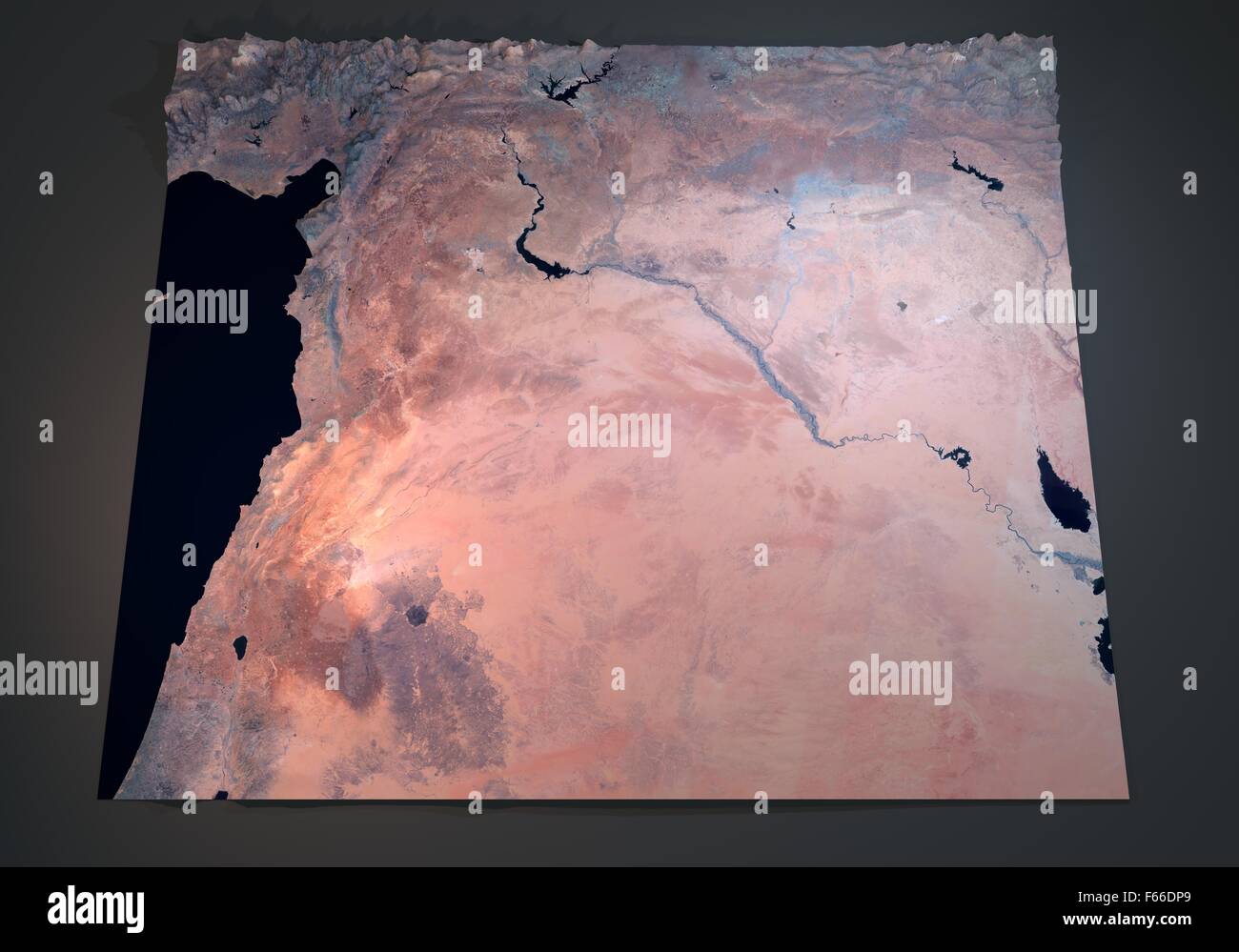 Map of Syrian Arab Republic, satellite view on black background Stock Photo