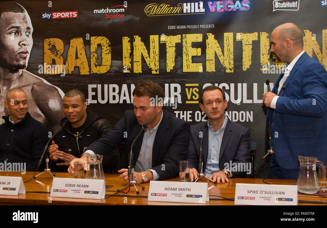 London, UK. 12th November 2015. Boxers Chris Eubank Jr (second left) and Spike O’Sullivan (right) at a press conference to promote their fight on December 12th in London. Credit:  Paul McCabe/Alamy Live News Stock Photo