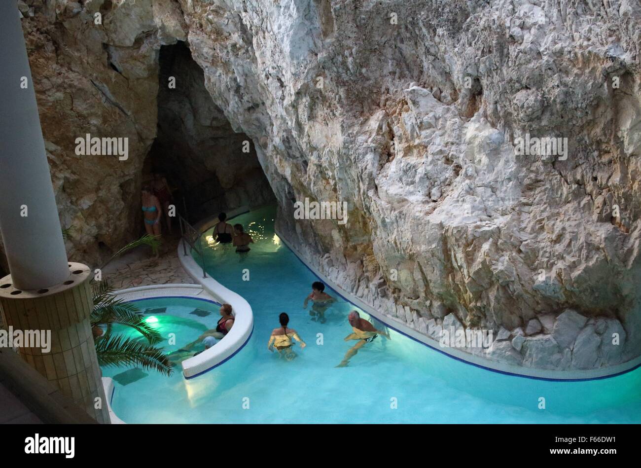 Miskolc, Hungary 12th, Nov. 2015 People enjoy stay at Miskolc Tapolca  Barlangfurdo Cave Bath (BarlangfŸrd?). The Cave Bath is a thermal bath in a  natural cave in Miskolctapolca, which is part of