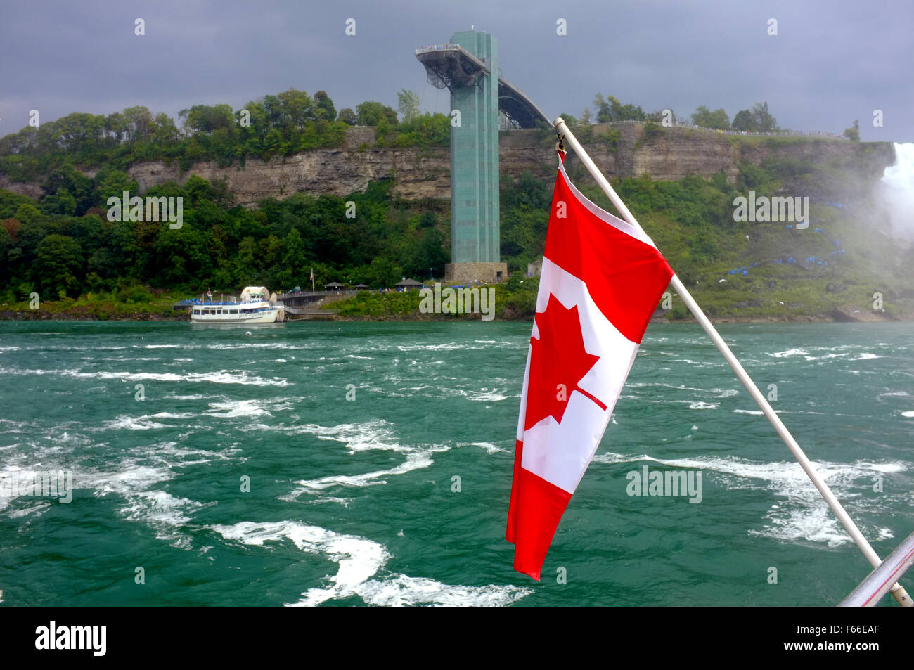 Onboard the Canadian Hornblower boat looking towards America while sailing towards the Niagara