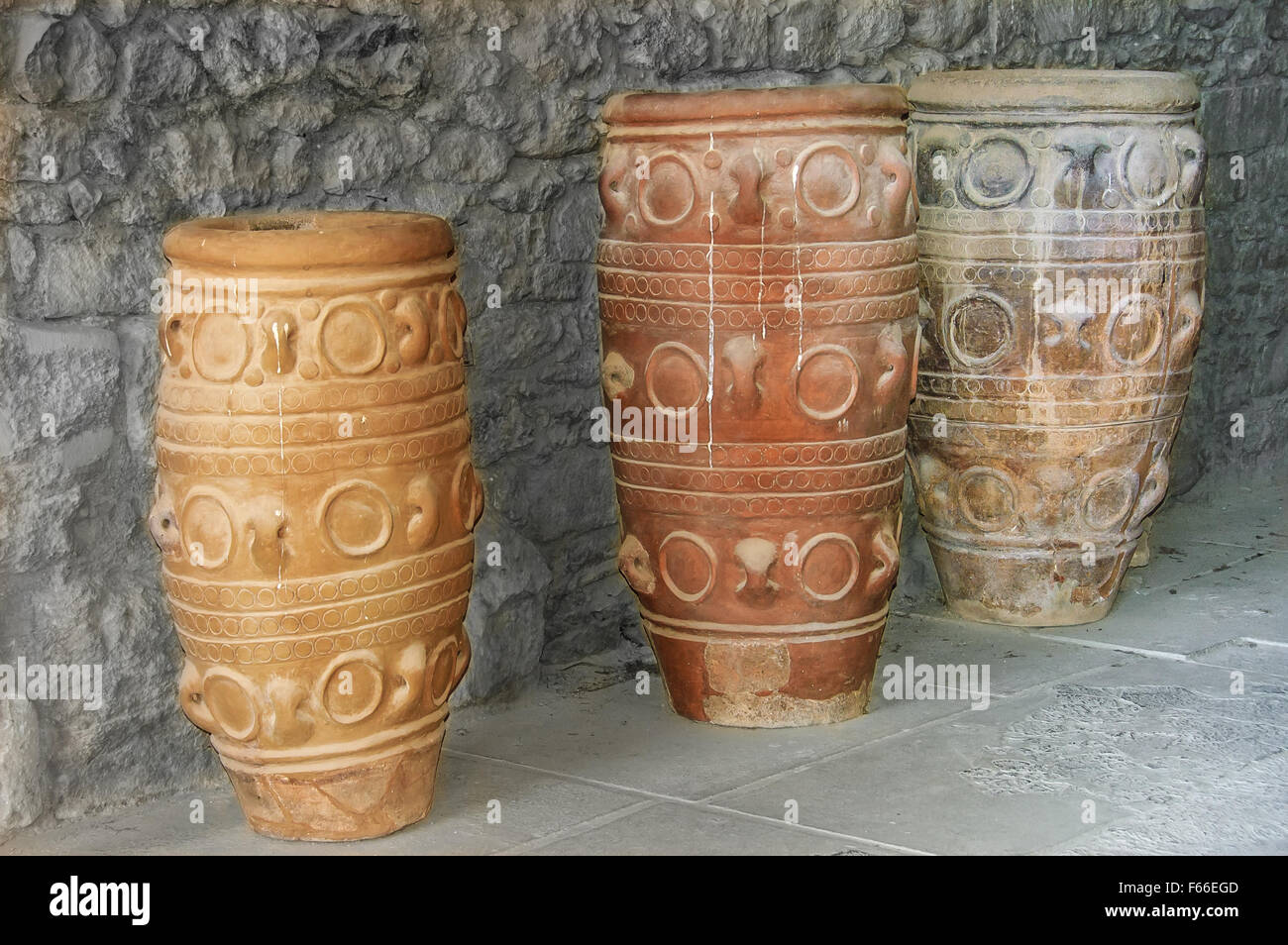 close up of Minoan antique jars at Knossos, Crete Island, Greece Stock Photo