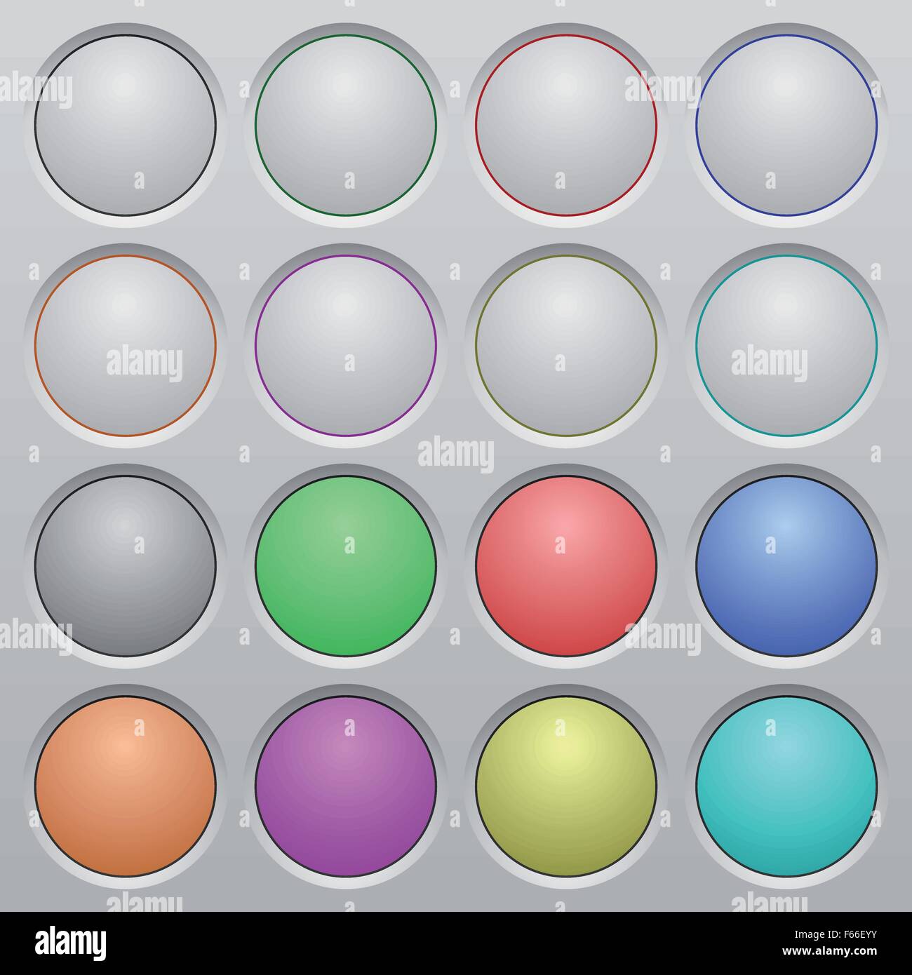Set of blank plastic sunk spherical buttons on light gray background. 16 variations included. Well-organized layer, color swatch Stock Vector