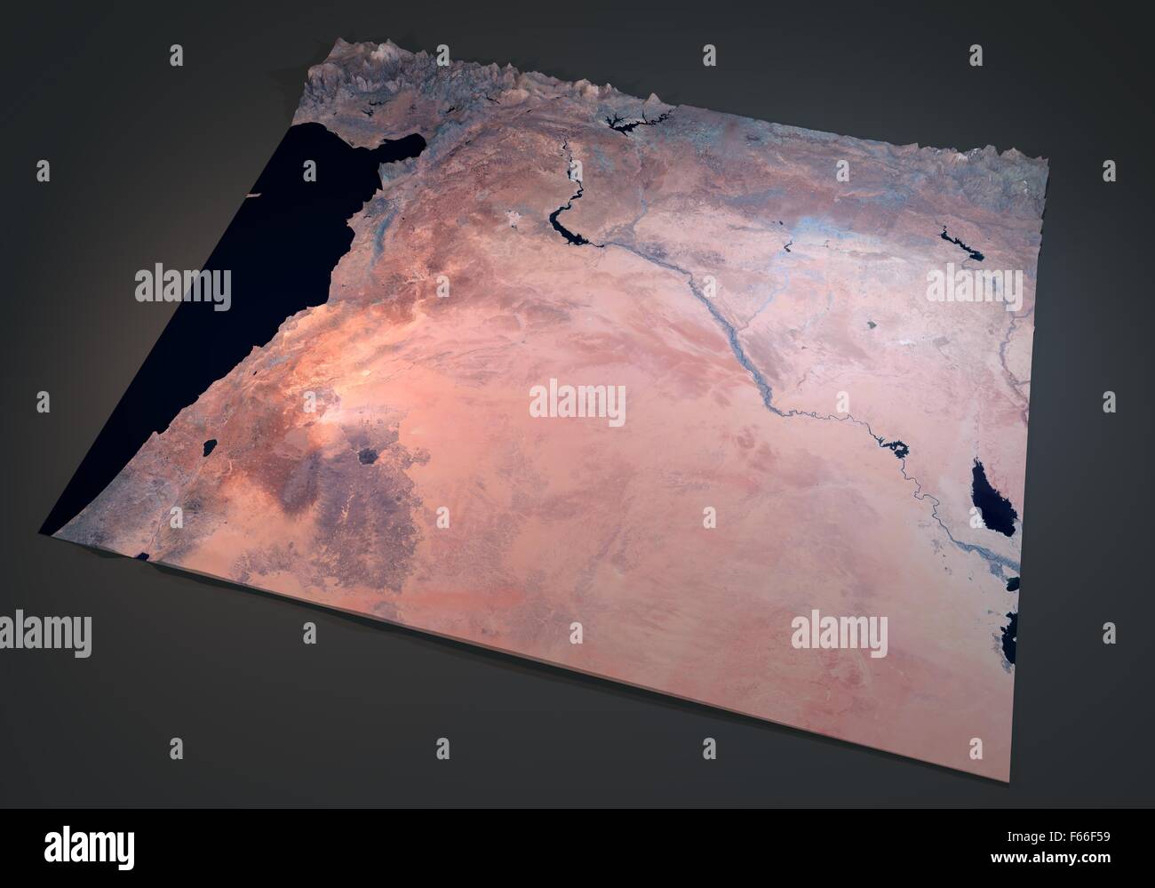 Map of Syrian Arab Republic, satellite view on black background Stock Photo