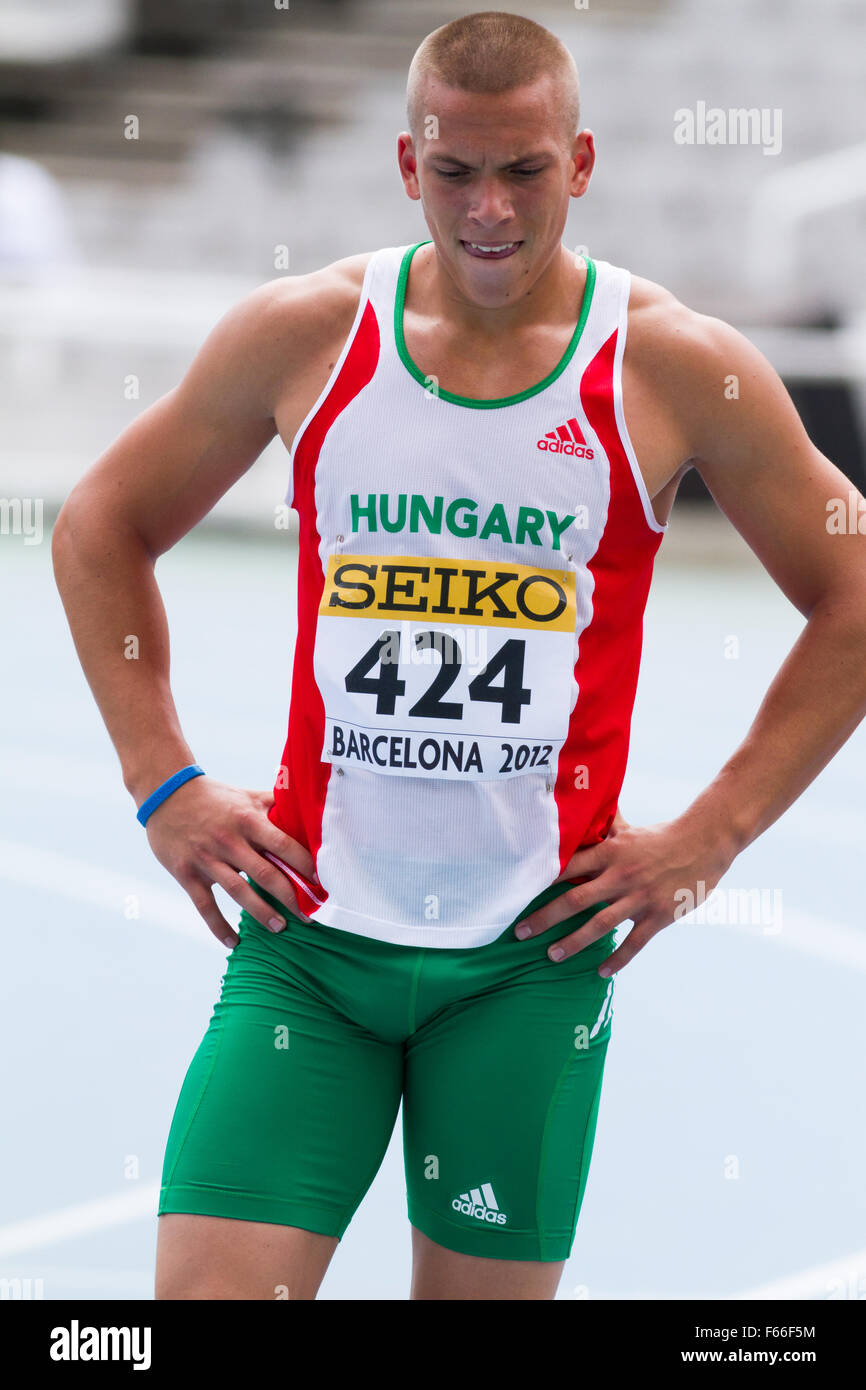 Mate Gonczol of Hungary, 110m hurdles,IAAF,20th World Junior Athletics Championships, 2012 in Barcelona, Spain Stock Photo