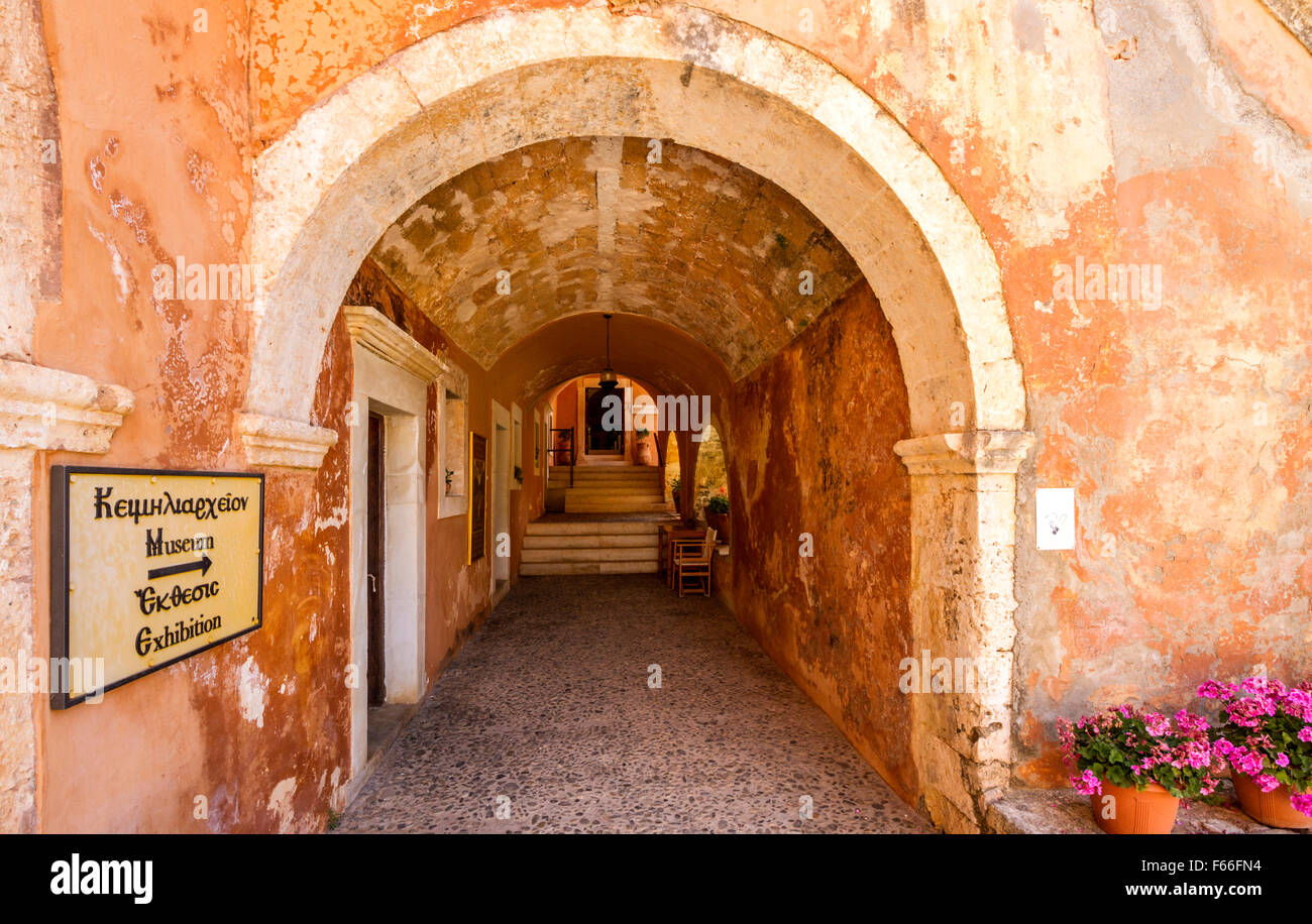 Hall towards the ecclesiastic museum, at the Greek Orthodox monastery of Holy Trinity, in Akrotiri, Chania, Greece. Stock Photo