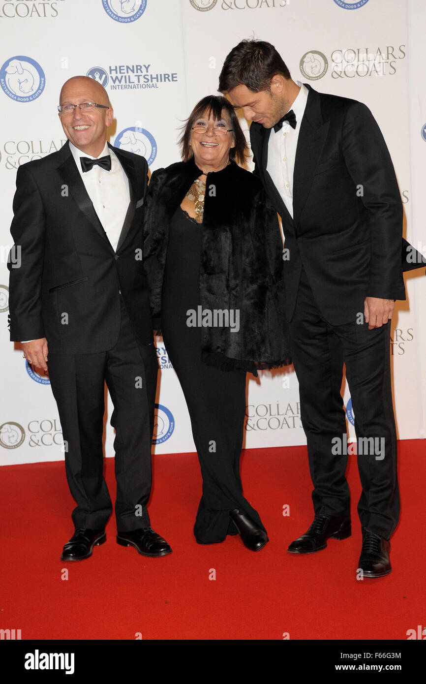 London, UK. 12th Nov, 2015. Nicky Johnston,  Hilary Alexander,  Paul Sculfor attending The Collars & Coats Ball at Battersea Evolution for the Battersea dogss & Cats Home 12/11/2015 Credit:  Peter Phillips/Alamy Live News Stock Photo