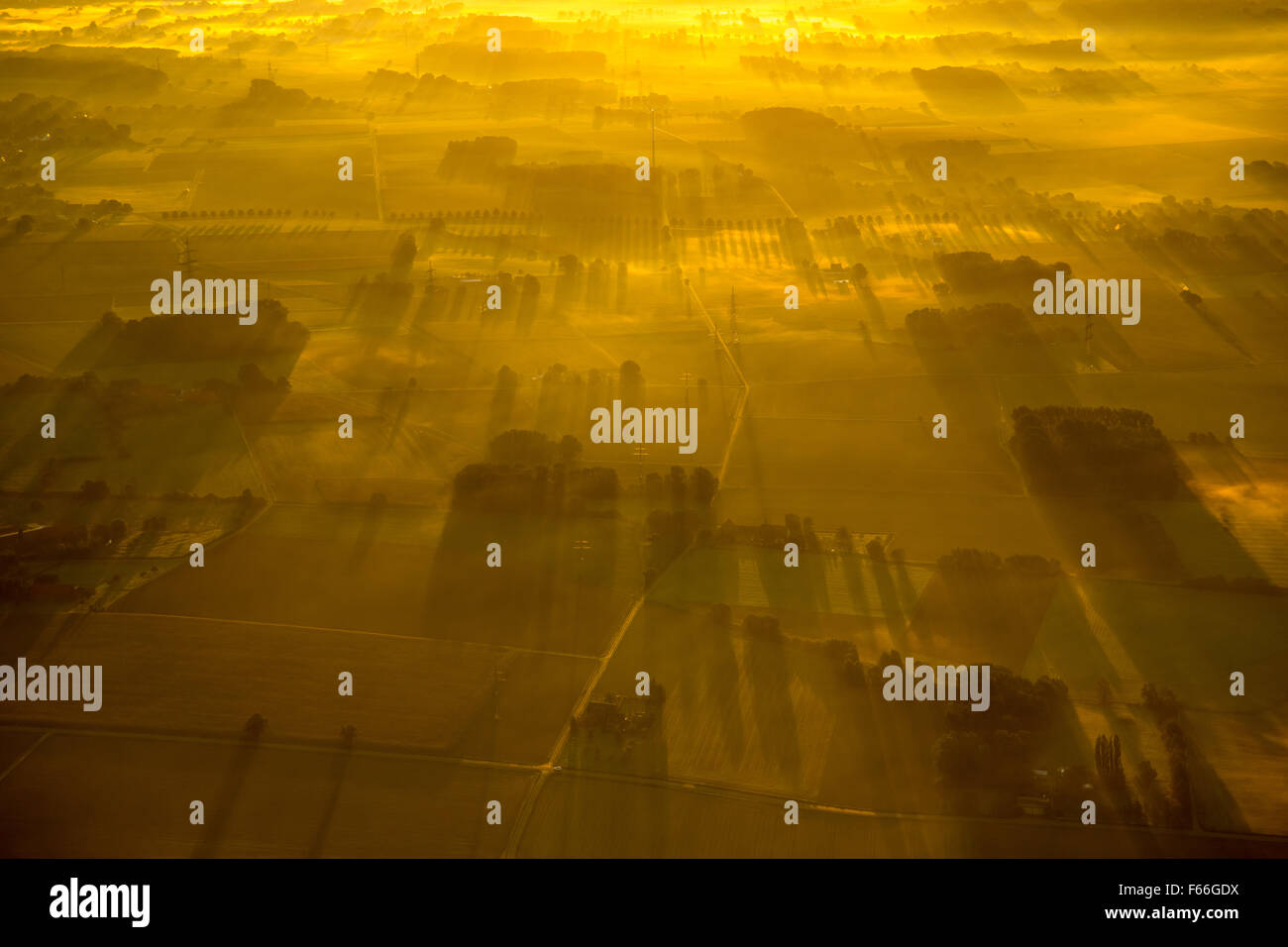 Sunrise over the eastern districts of Hamm, views over the peasantry of Hamm, eastern landscape of Hamm Stock Photo