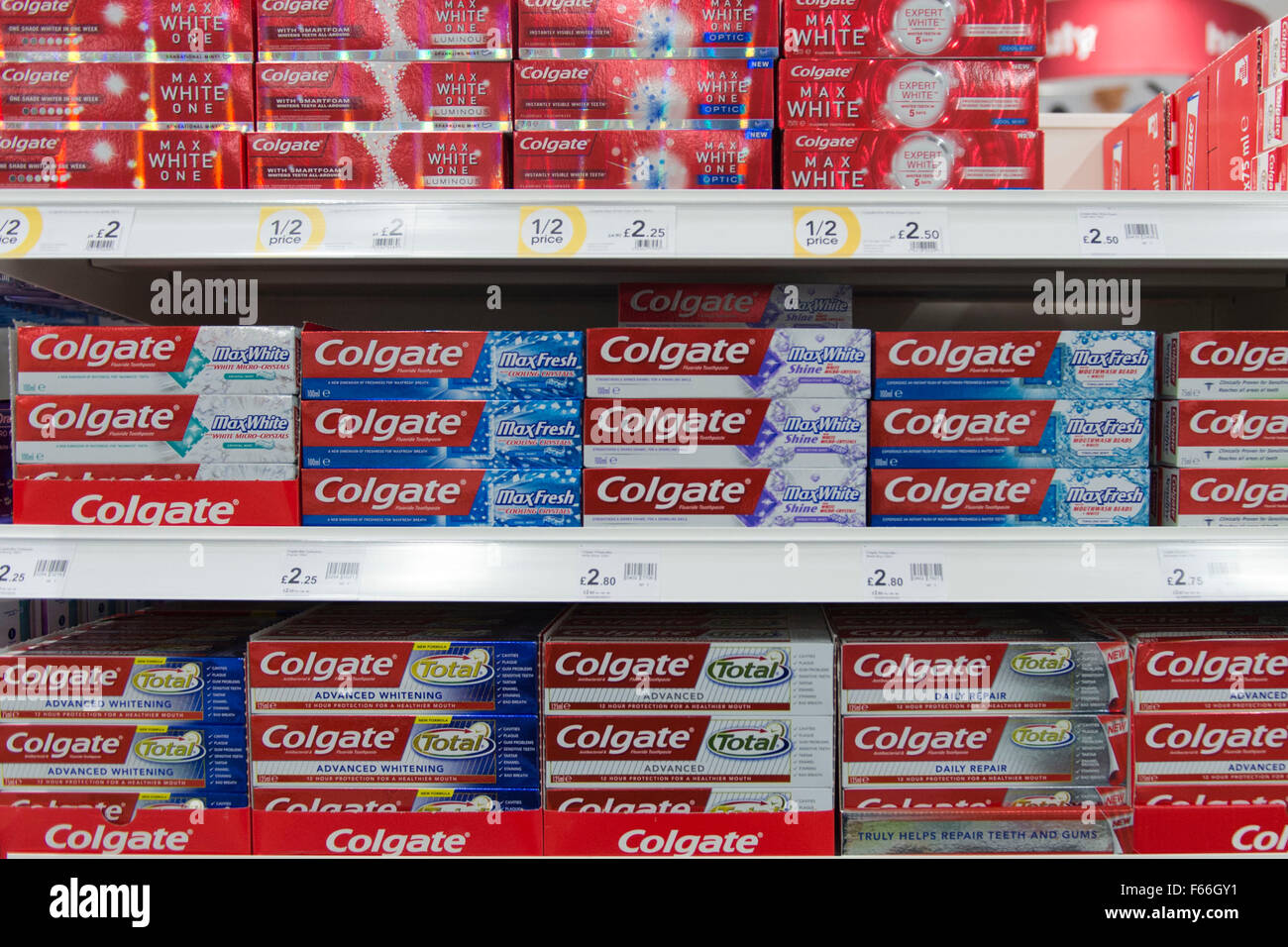 Colgate toothpaste for sale on a shelf in a supermarket Stock Photo Alamy