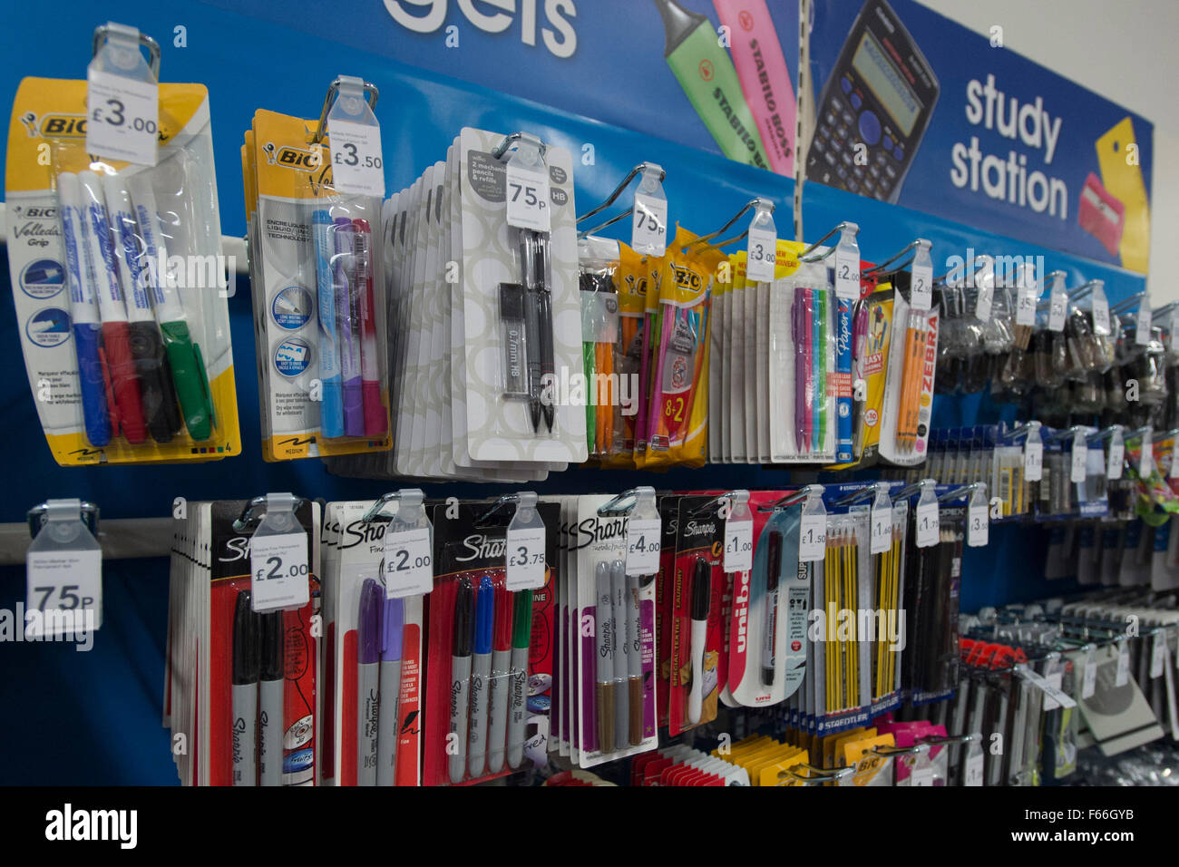 Stationary for sale in a back to school section of a supermarket. Stock Photo