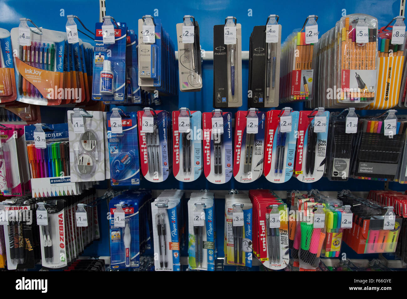 Stationary for sale in a back to school section of a supermarket. Stock Photo