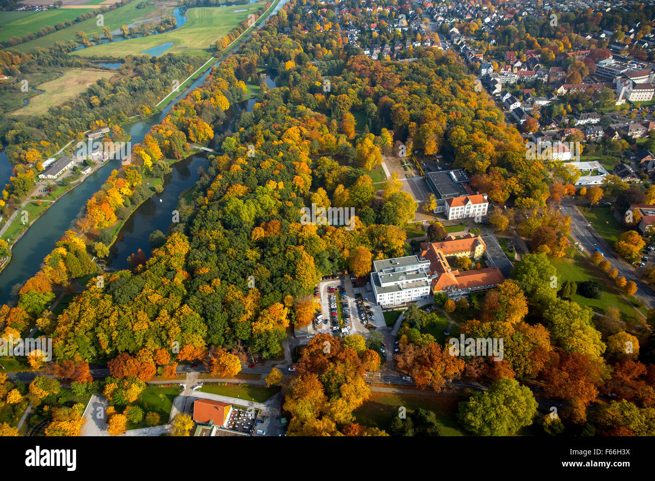Clinic for Manual Therapy and Kurhaus Bad Hamm in autumn forest at Kurpark Hamm, Hamm Ruhr Nordrhein-Westfalen Germany Europe Stock Photo