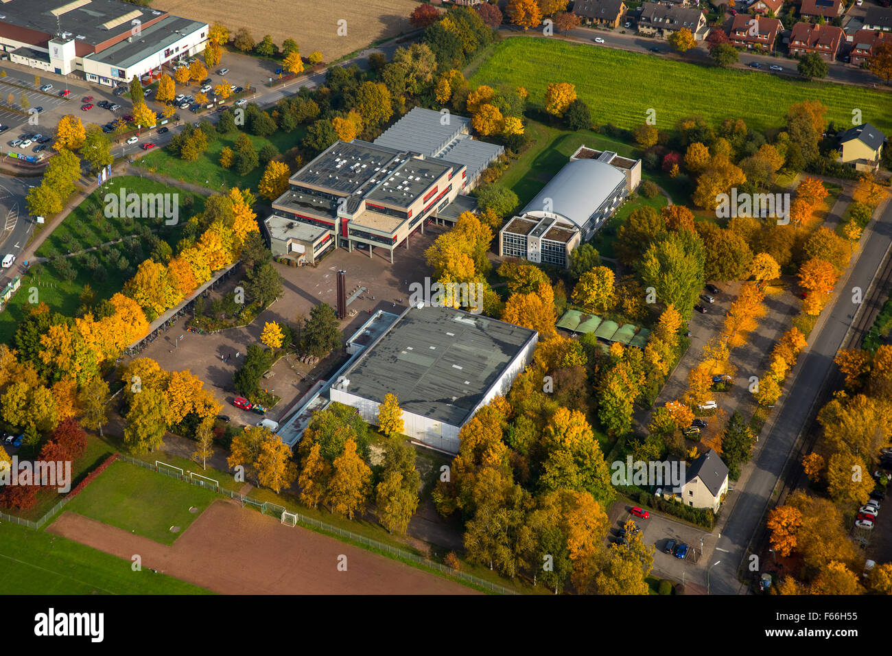 FreiherrvomSteinGymnasium in autumn foliage, gymnasium, Europe aerial view birdseyes view FreiherrvomSteinGymnasium in autumn foliage, gymnasium, Europe aerial view birdseyes view