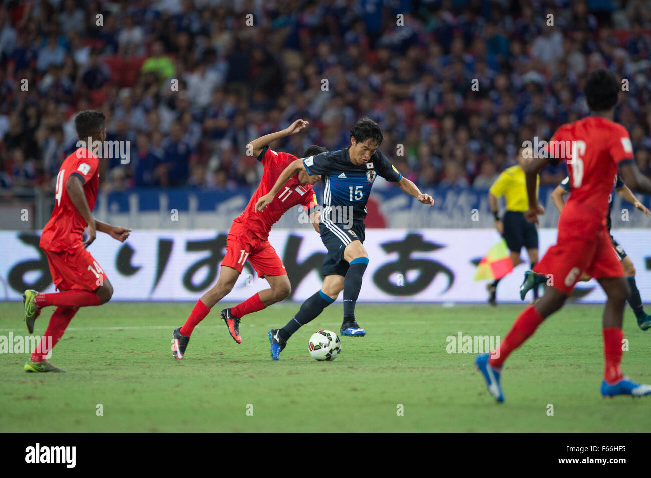 Kanazaki Mu, Japan vs Singapore in the 2018 FIFA World Cup Russia Qualifiers  Round 2 - Group E at the Sports Hub Stadium on 12 Nov 2015 in Singapore.  Japan beat Singapore