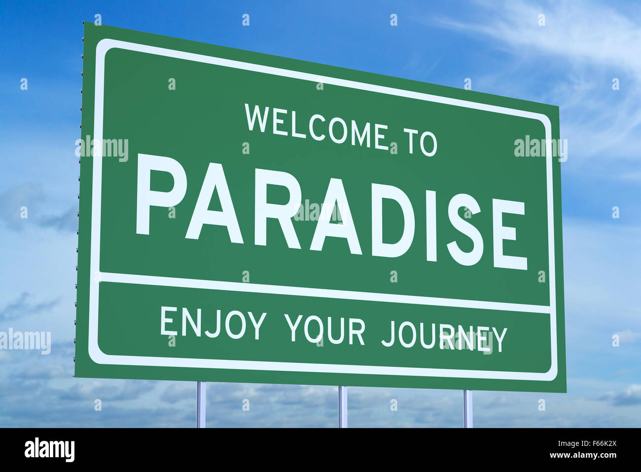 Welcome to Paradise concept on road billboard Stock Photo