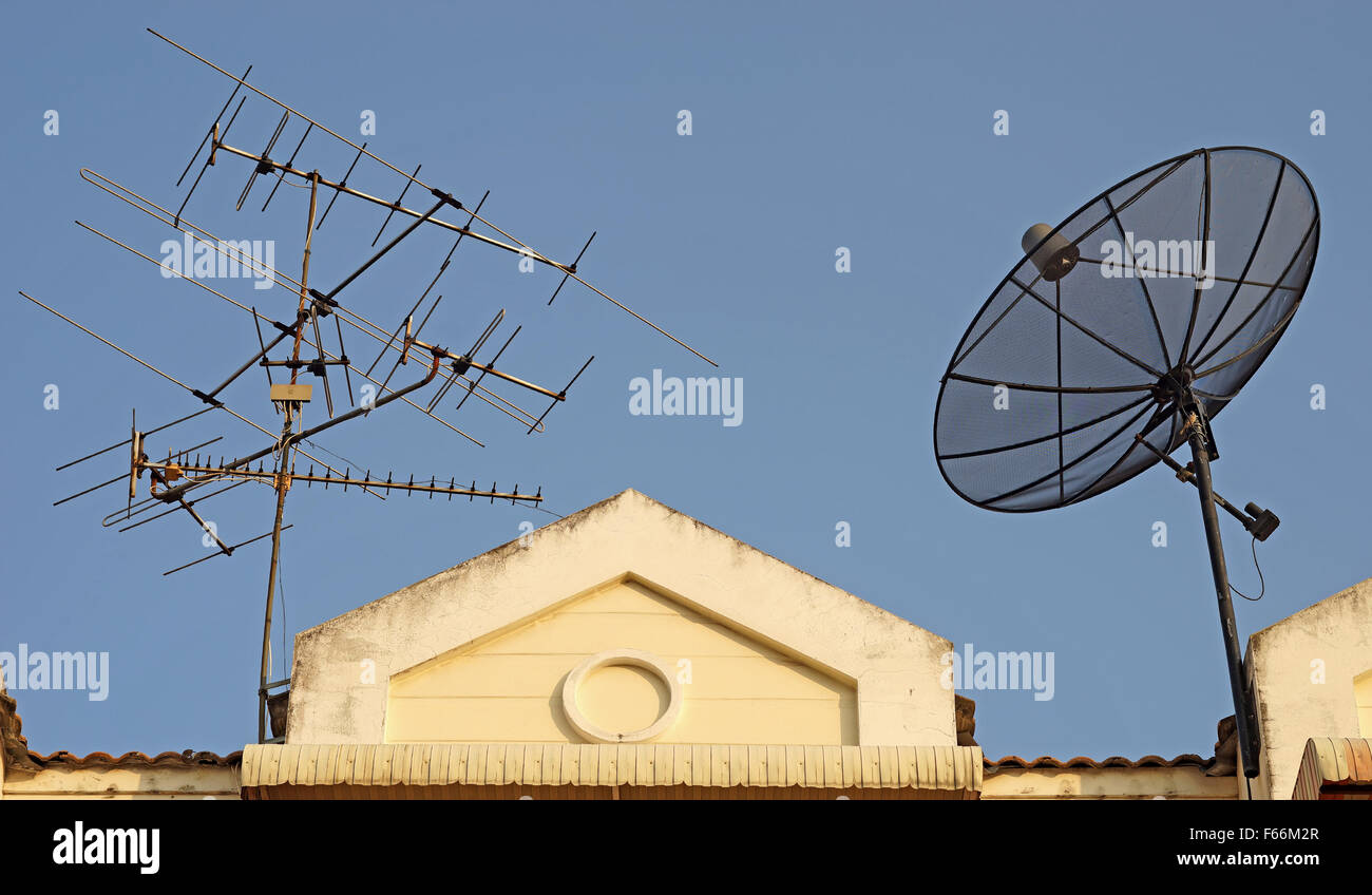satellite dish and television antenna on roof with beautiful sky Stock Photo