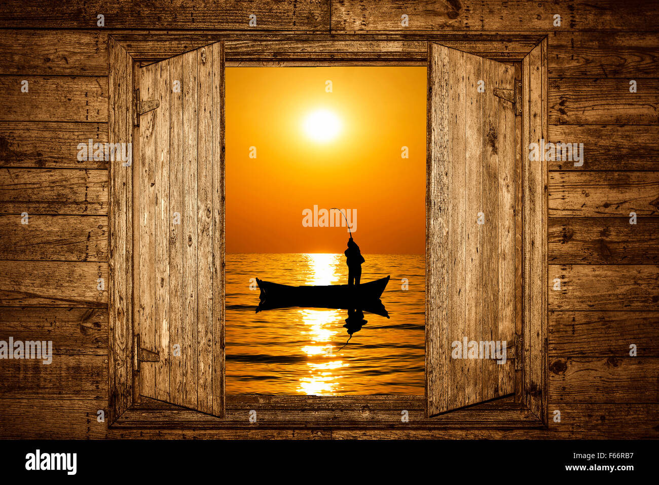 Wooden Frame and Fisherman Landscape Stock Photo