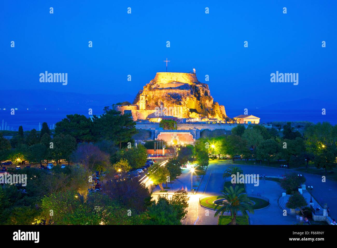 Elevated View of Old Fortress at Dusk, Corfu Old Town, Corfu, The Ionian Islands, Greek Islands, Greece, Europe Stock Photo