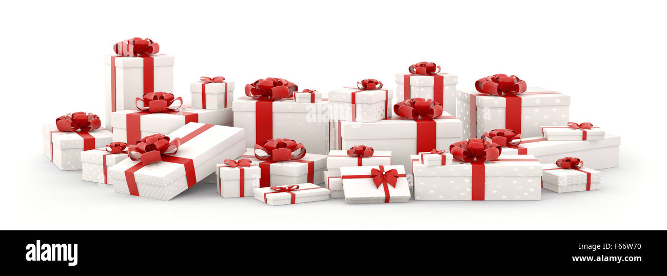 White christmas gift boxes, presents with red bows and ribbons isolated ...