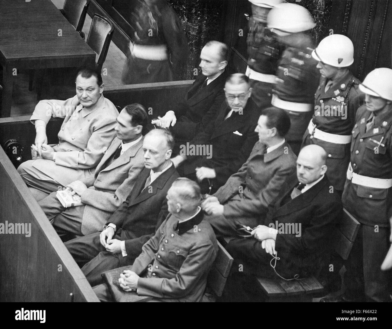 Nuremberg Trials, front row fromt left, Hermann Goring, Rudolf Hess, Joachim von Ribbentrop, Wilhelm Keitel (in second row, from left to right): Karl Dönitz, Erich Raeder, Baldur von Schirach, Fritz Sauckel Stock Photo