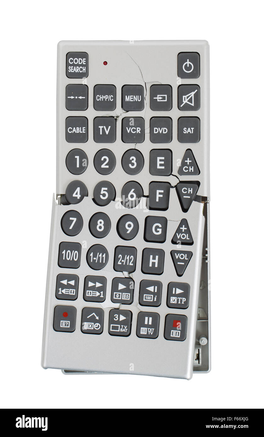 Broken old remote control tv, isolated on white background Stock Photo