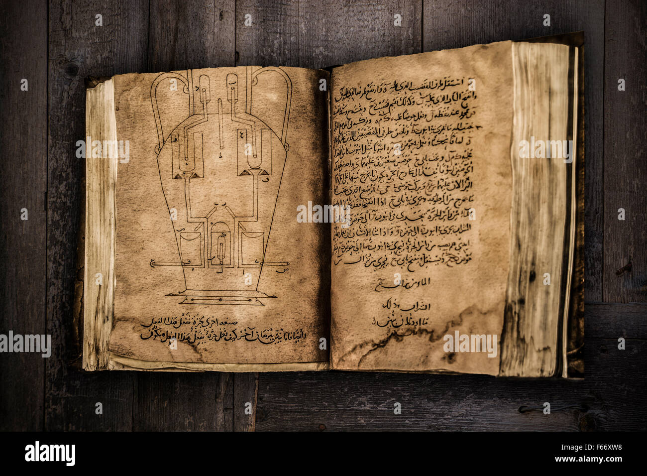 The old, wise book lies on a wooden background Stock Photo