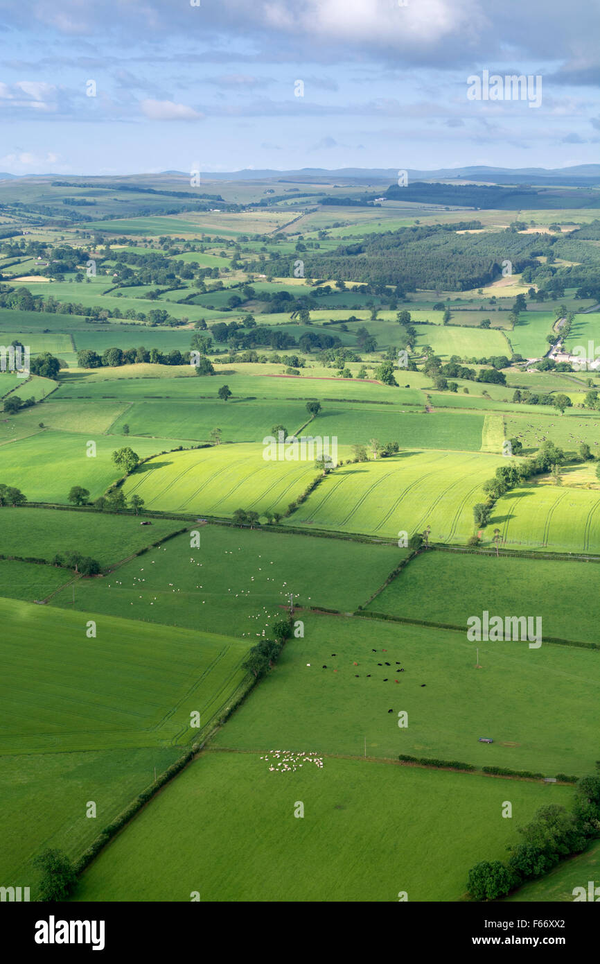 Countryside in the Eden Valley, Cumbria, showing farmland and woodland from the air Stock Photo