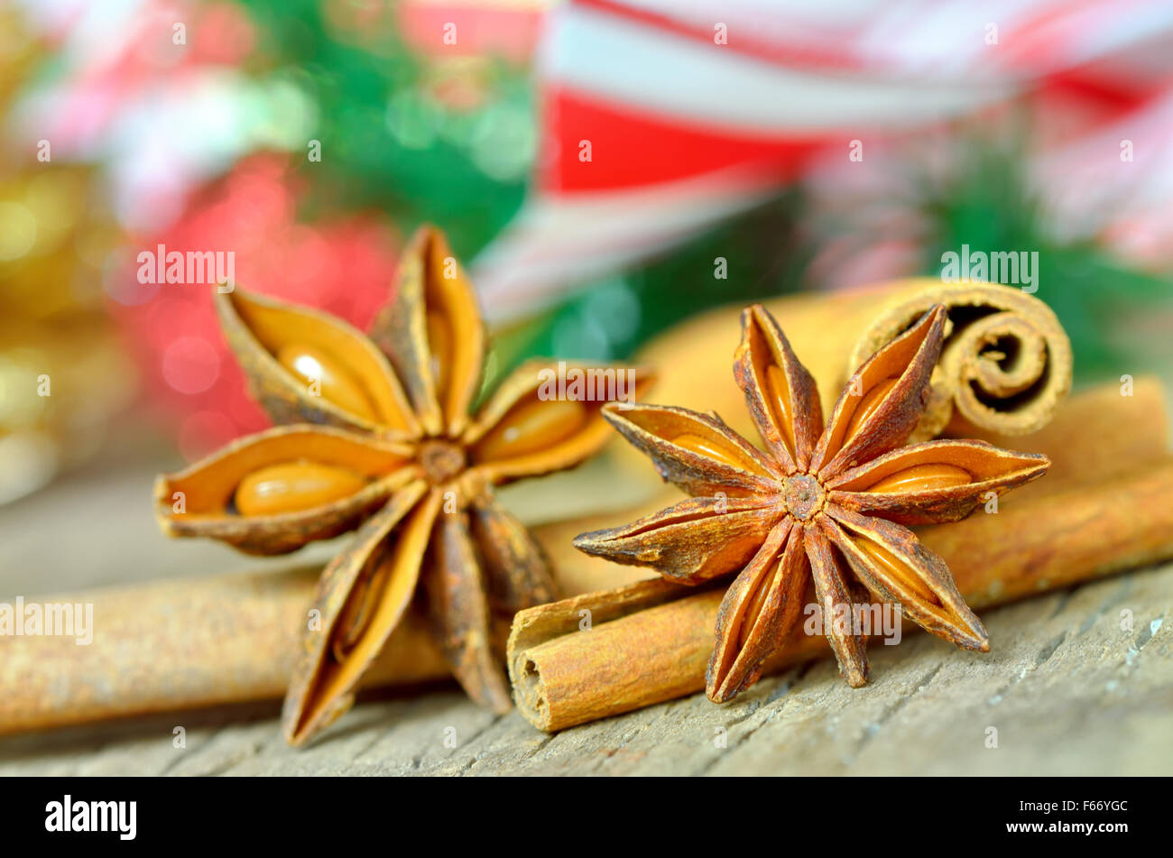 anise and cinnamon for christmas on old wood Stock Photo