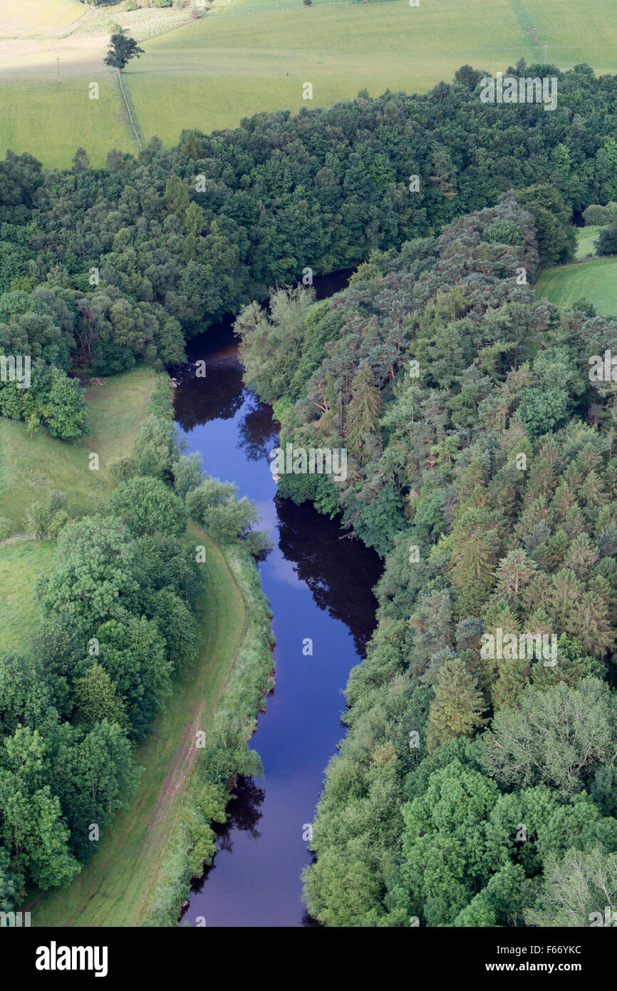 River Eden, edged by native woodland, winding through the countryside near Appleby, Cumbria, UK. Stock Photo