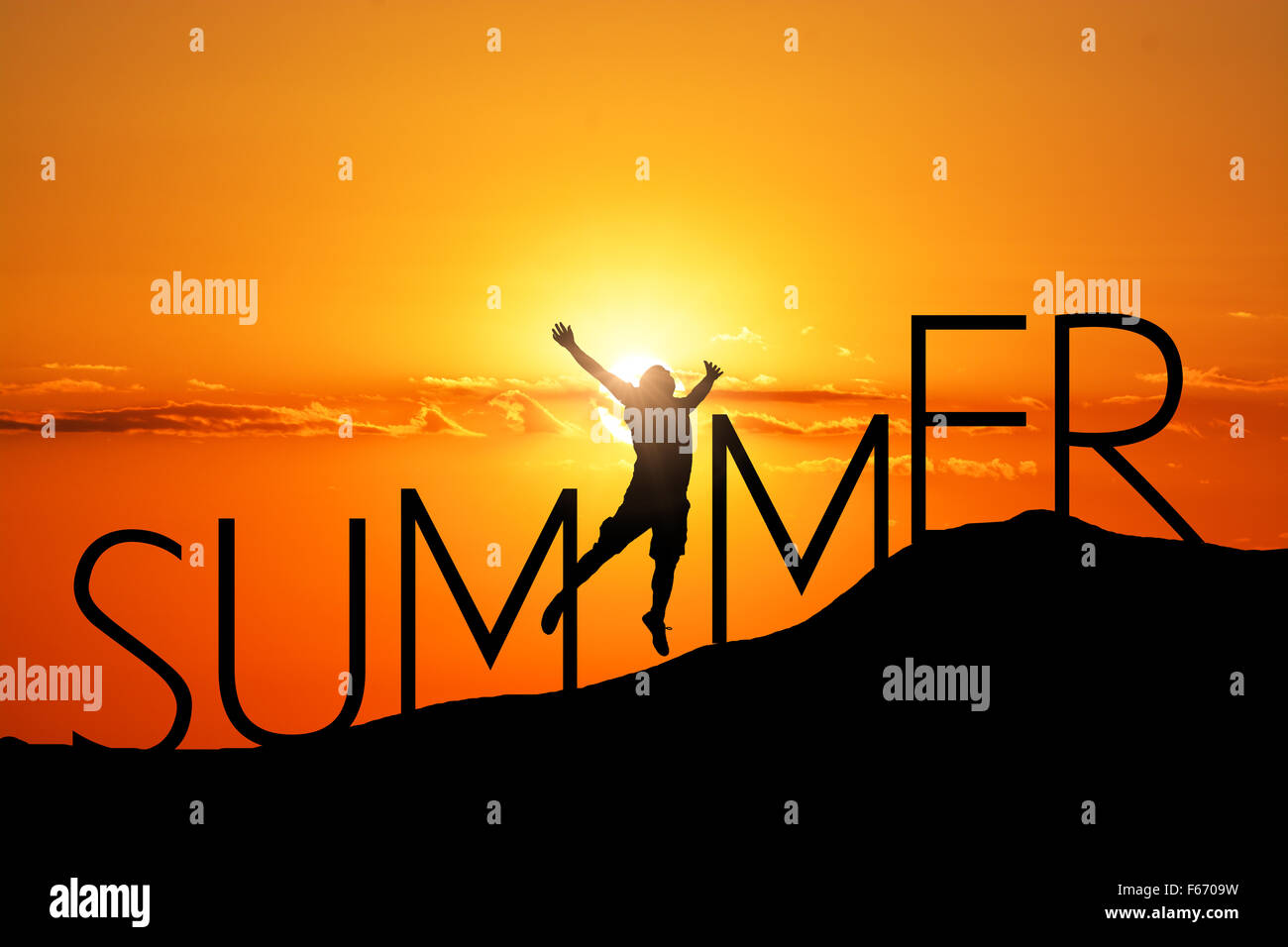 Summer Season concept with sunset text and jumping man Stock Photo
