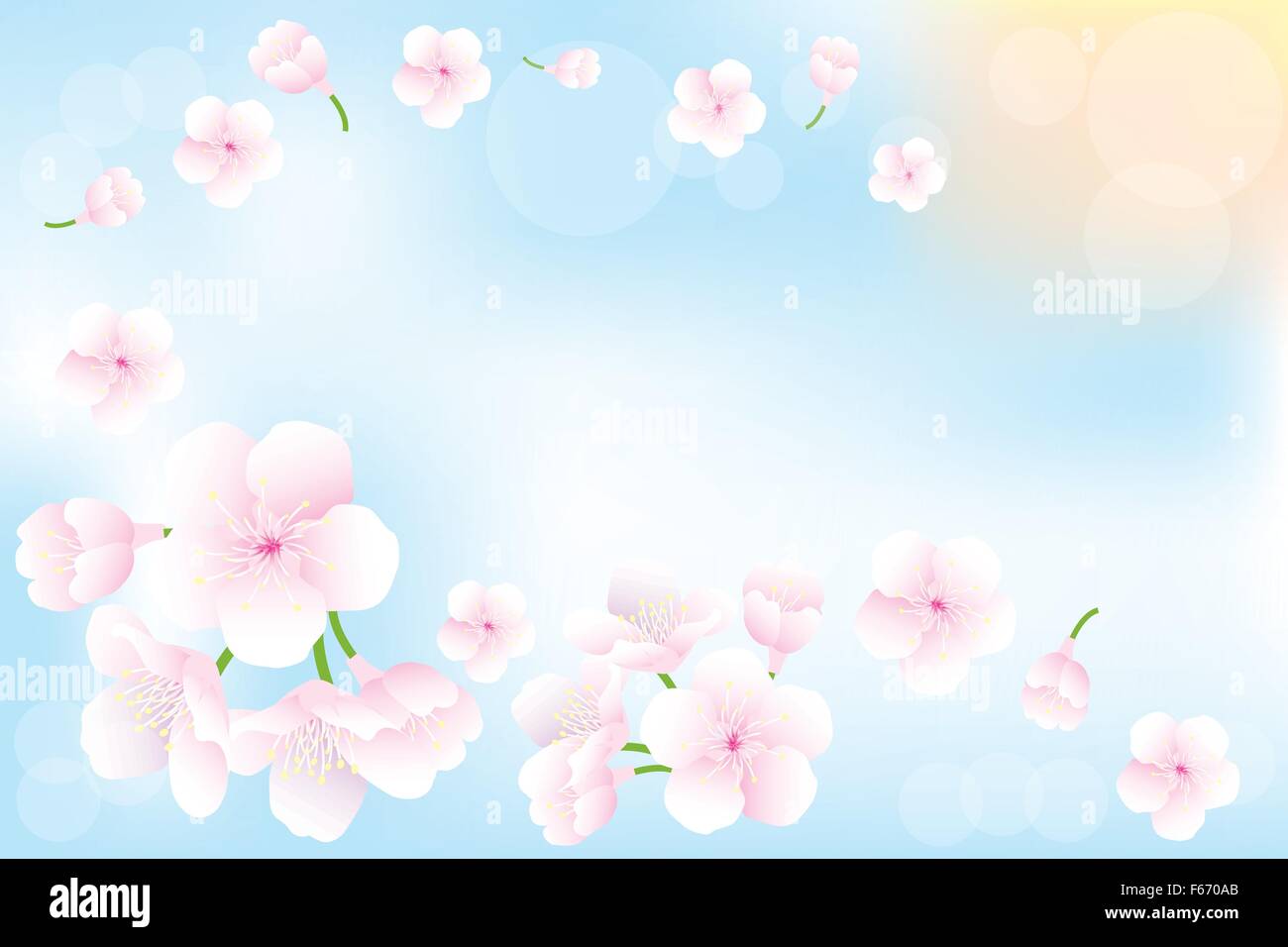 Flying cherry-blossoms in spring - seasonal background with place for text Stock Vector