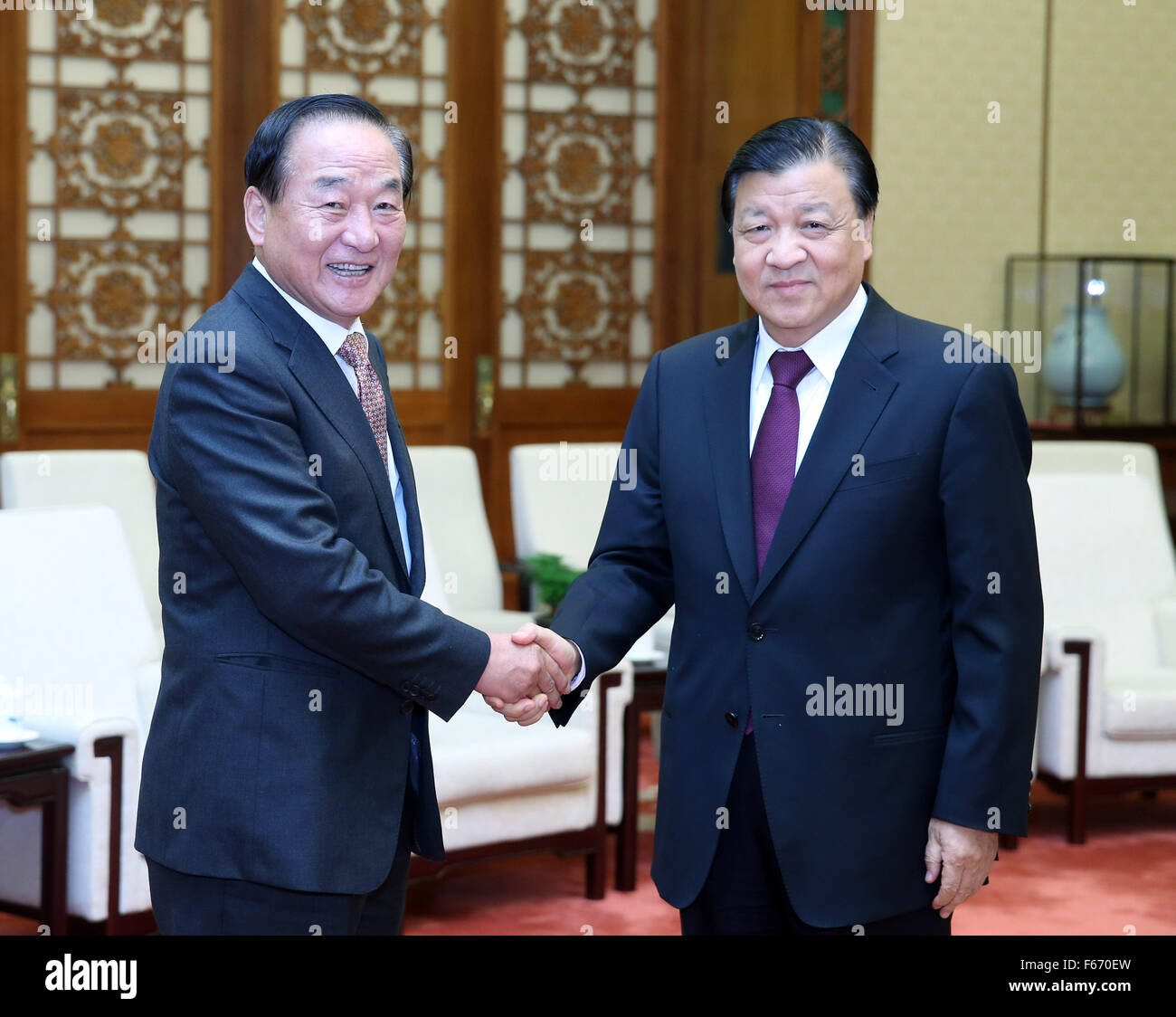 Beijing, China. 11th Nov, 2015. Liu Yunshan (R), a member of the