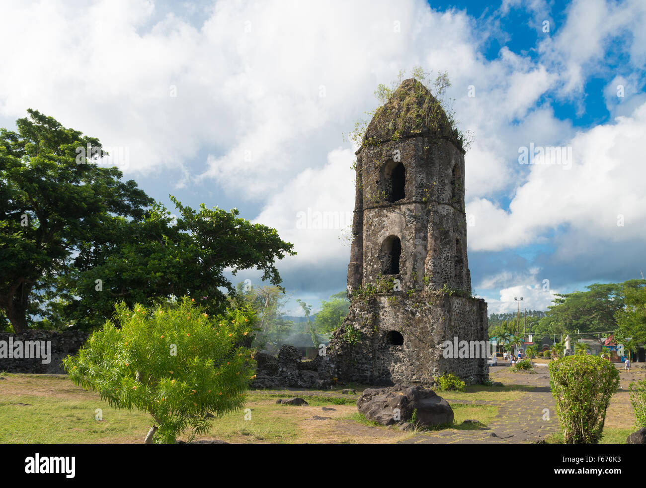 Cagsawa Ruins are the remnants of an 18th century Franciscan church, built in 1724 and destroyed by the 1814 eruption of the May Stock Photo