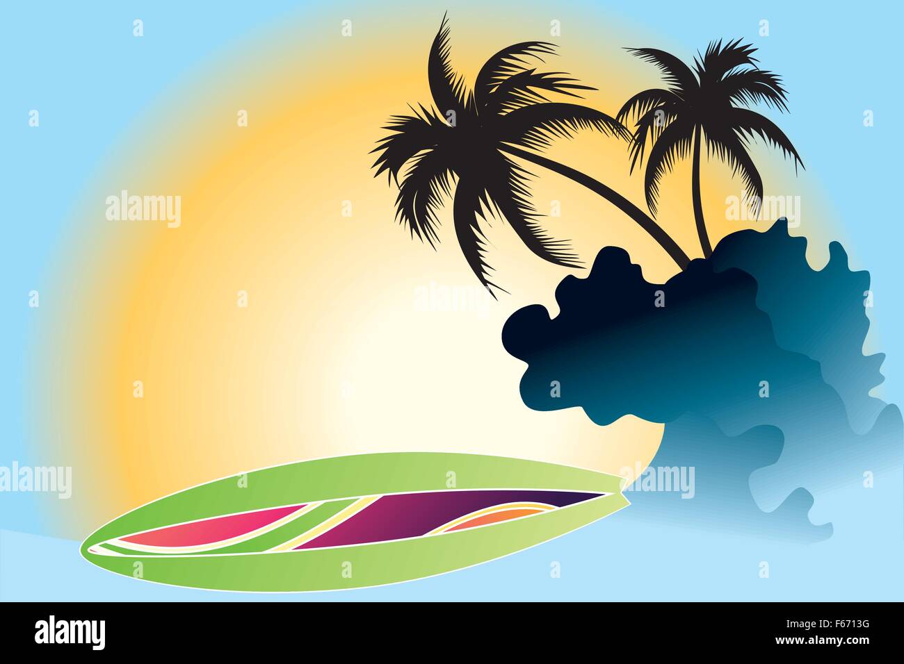 Ocean Wave , surf board and Palm Trees under the sun Stock Vector Image ...