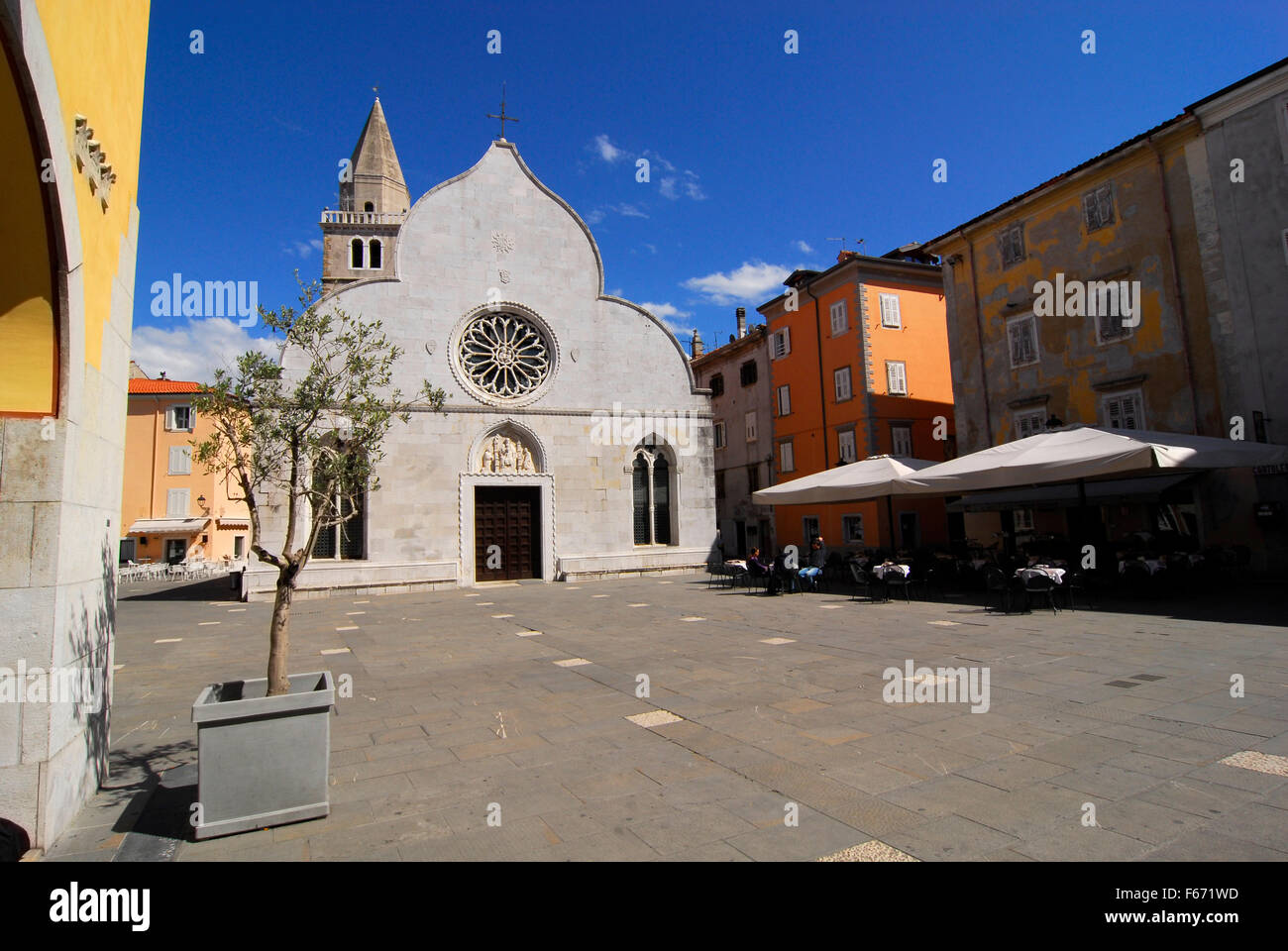 Muggia; main square; duomo; church; Italy Stock Photo