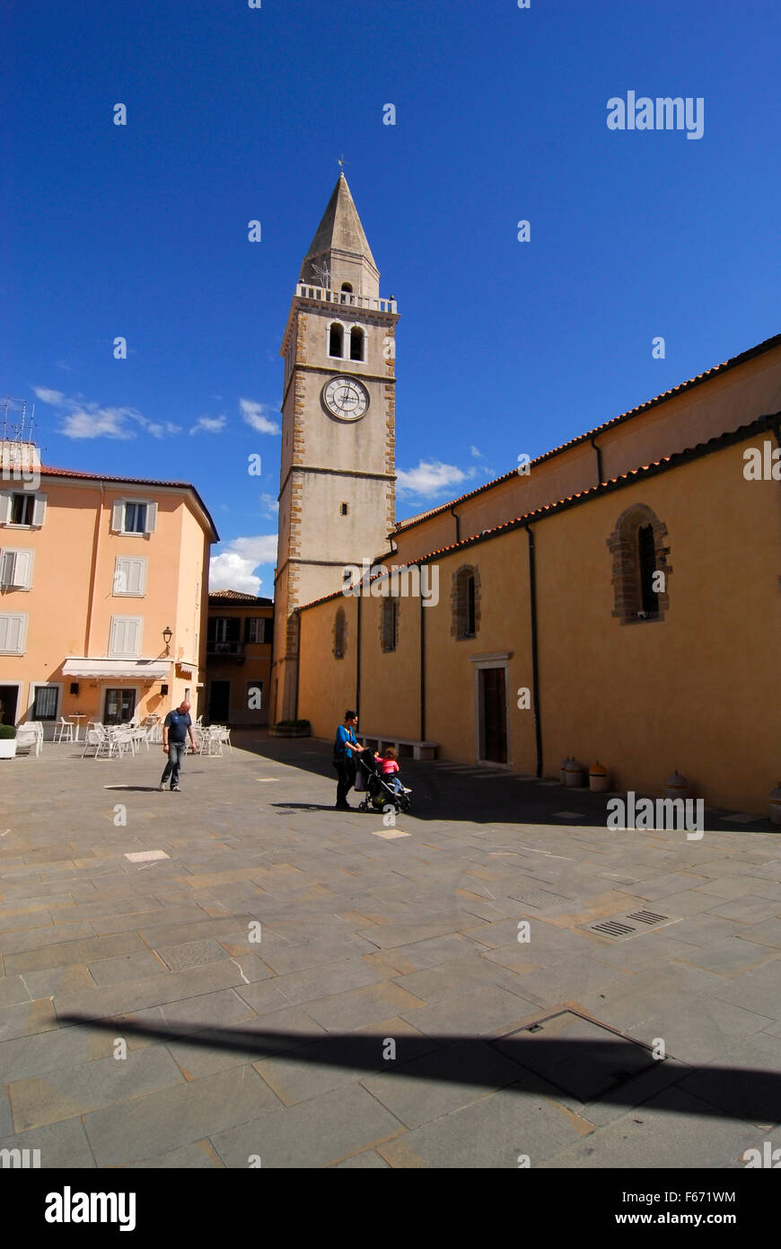 Muggia; main square, Duomo, church, Italy Stock Photo