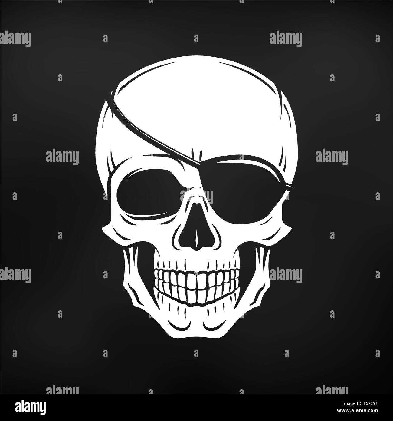 Human evil skull vector. Jolly Roger with eyepatch logo template. death t-shirt design. Pirate insignia concept on black background Stock Vector