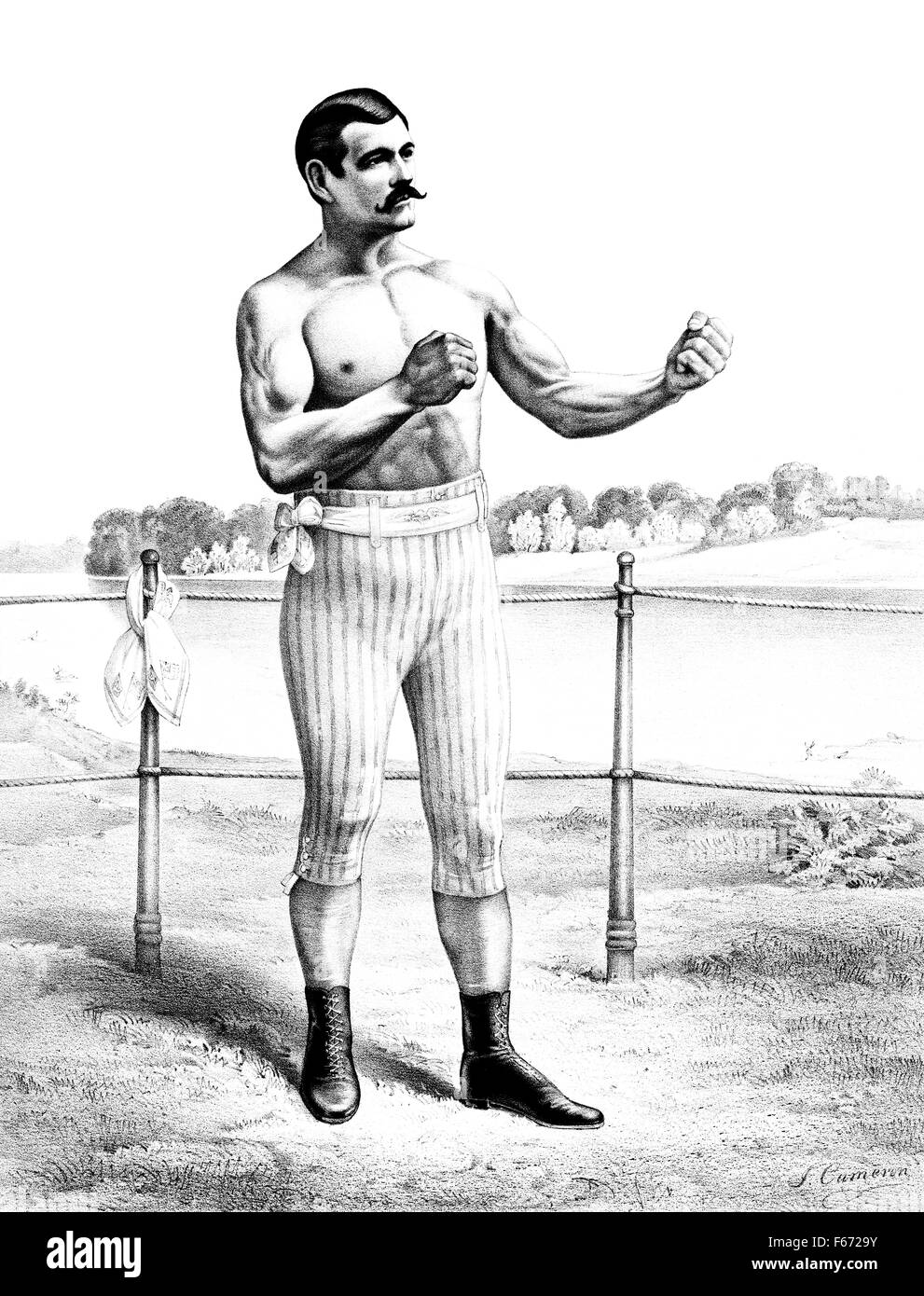 Vintage portrait print of legendary American bare-knuckle and gloved boxer  John L Sullivan (1858 - 1918). Sullivan, nicknamed "The Boston Strong Boy",  is generally regarded as the last bare-knuckle World Heavyweight Champion