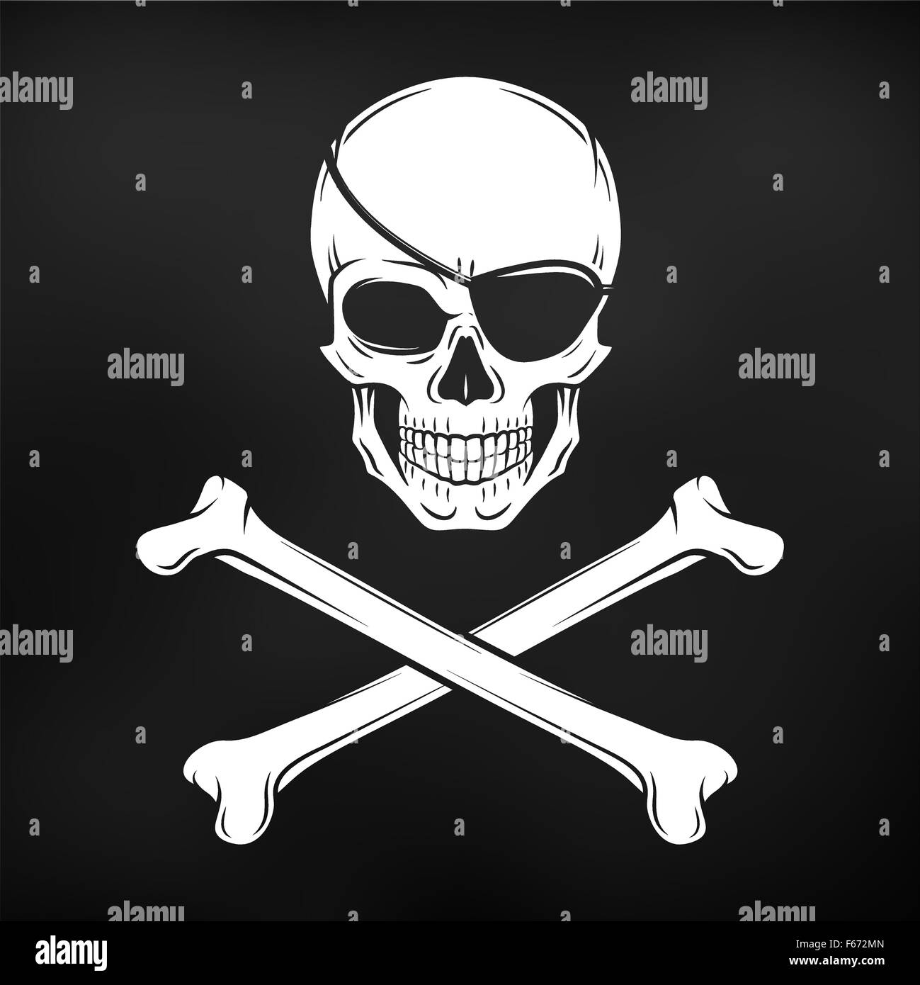 Jolly Roger with eyepatch and crossbones logo template. Evil skull vector. Dark t-shirt design. Pirate black flag concept Stock Vector