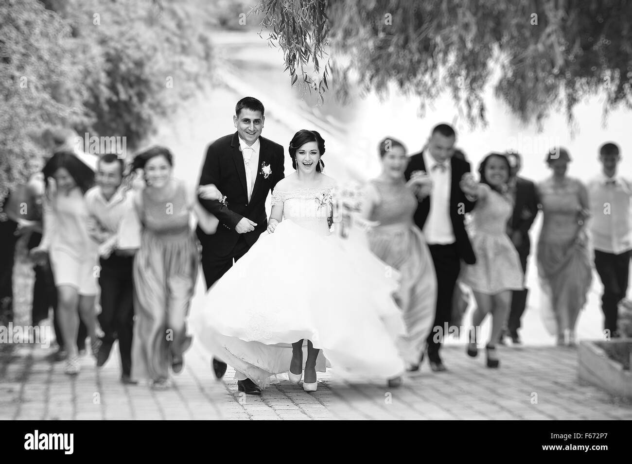 happy newlywed running with they friends Stock Photo Alamy