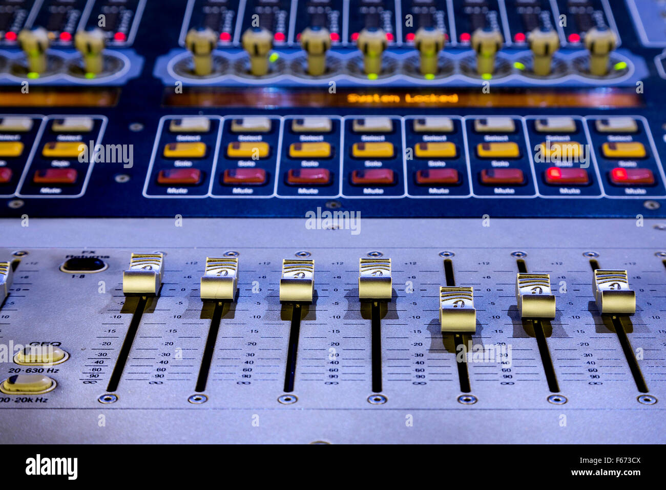 Audio mixer mixing board fader and knobs, Music mixing console with