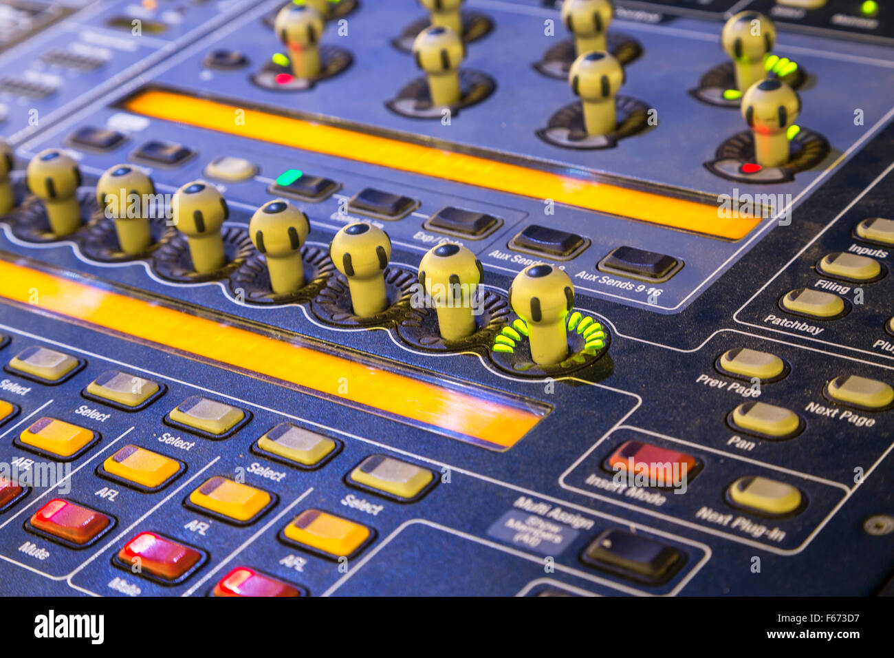 Audio mixer mixing board fader and knobs, Music mixing console with